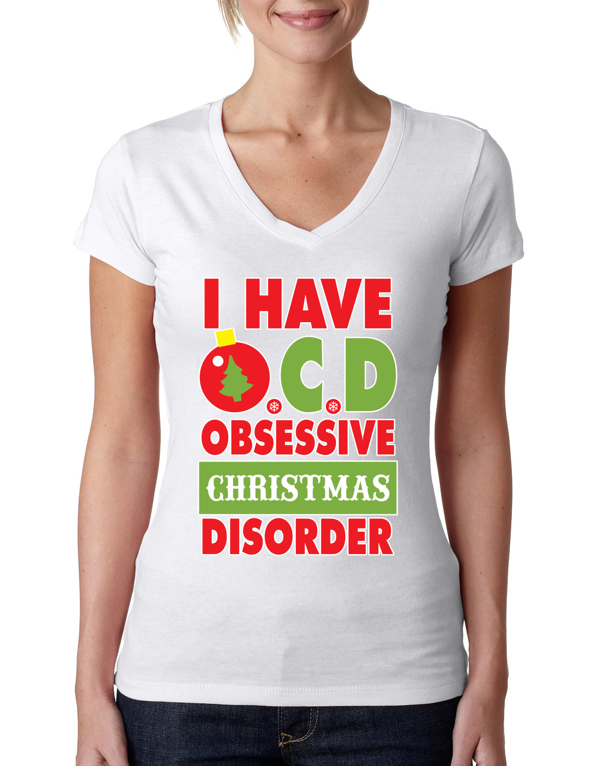 I Have O.C.D Obsessive Christmas Disorder Womens Junior Fit V-Neck Tee