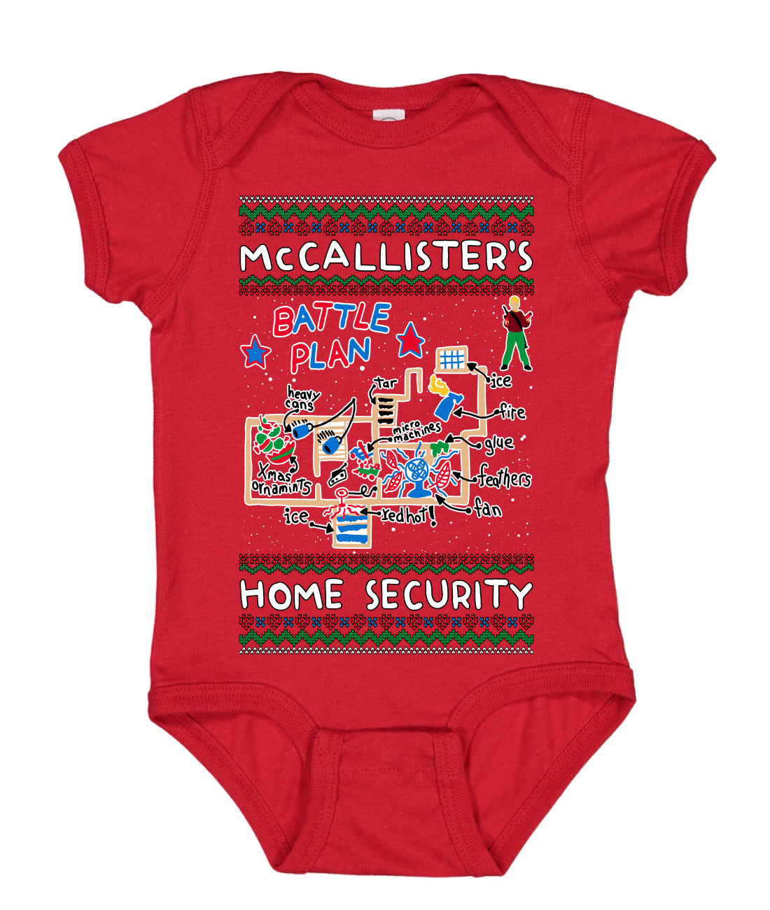 McCallister's Home Security Battle Plan Alone Kevin Ugly Christmas Sweater Baby Creeper Boys Girls Infant Bodysuit