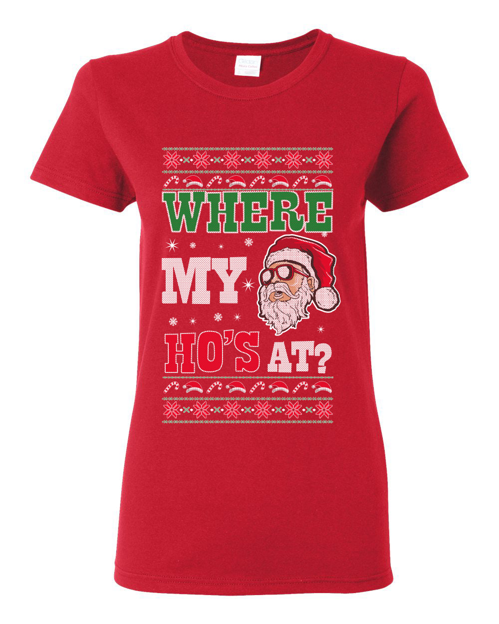 Where my Hos At Santa Funny Ugly Christmas Sweater Womens Graphic T-Shirt