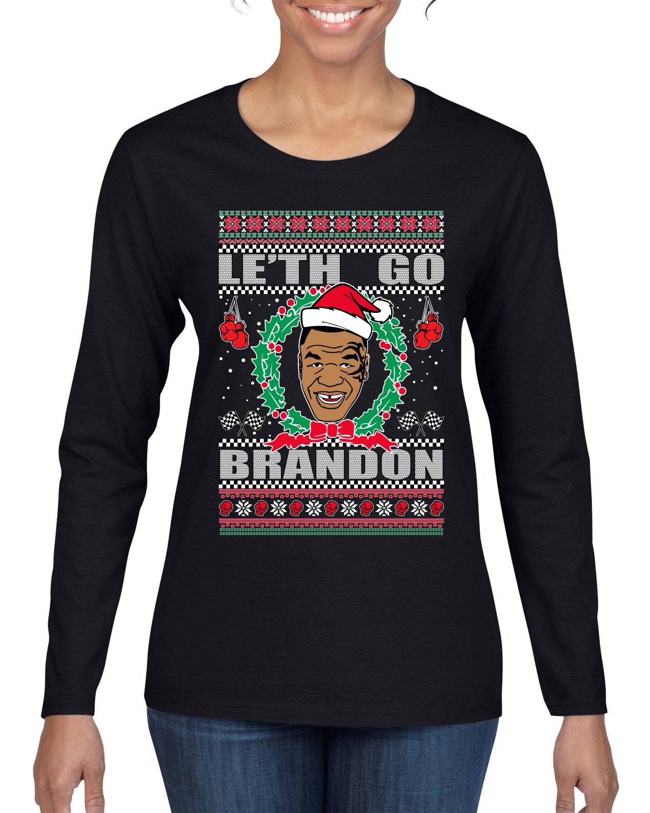 Le'th Go Brandon Ugly Christmas Sweater Womens Graphic Long Sleeve T-Shirt