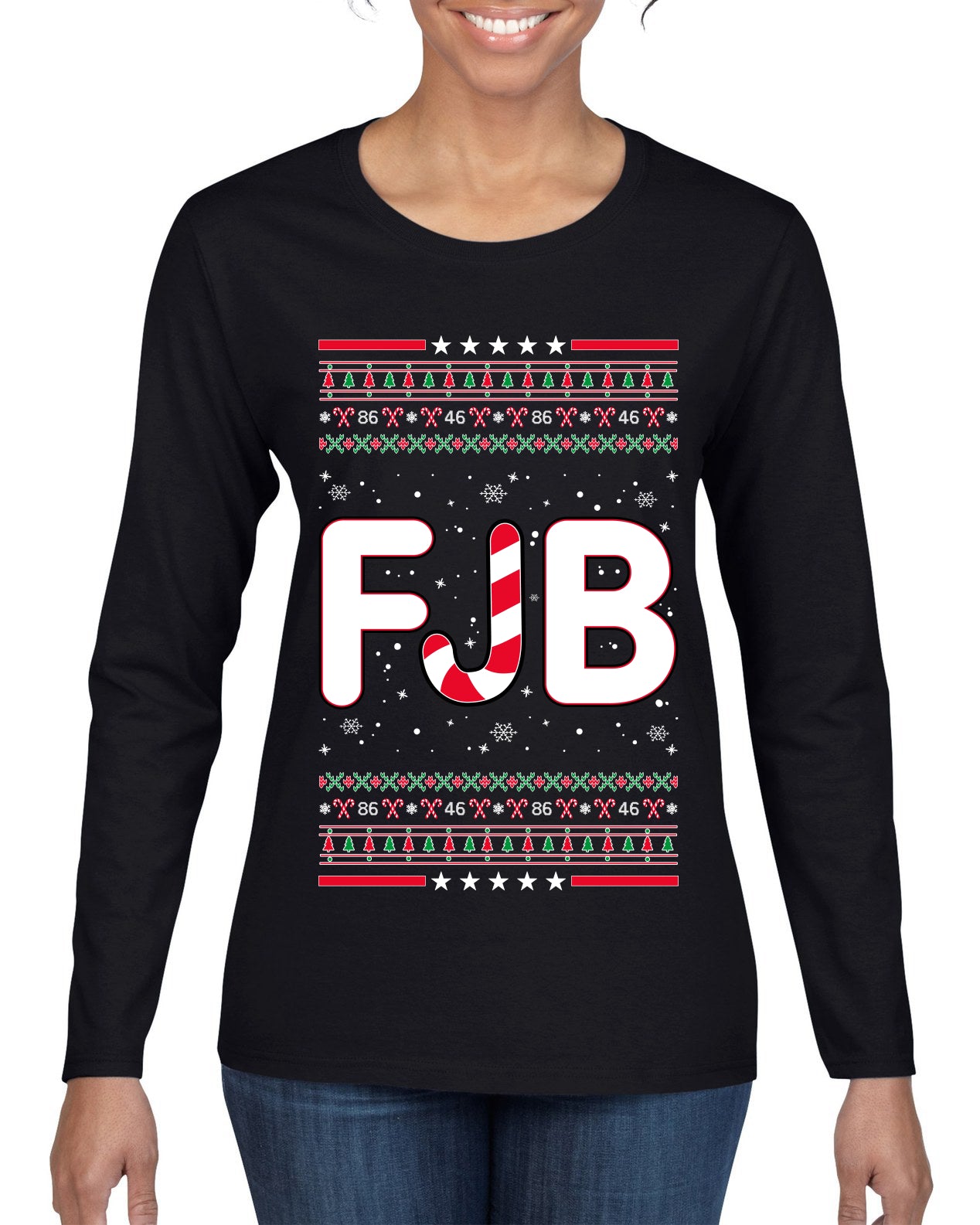 FJB Let's Go Brandon Chant Candy Cane Ugly Christmas Sweater Womens Graphic Long Sleeve T-Shirt