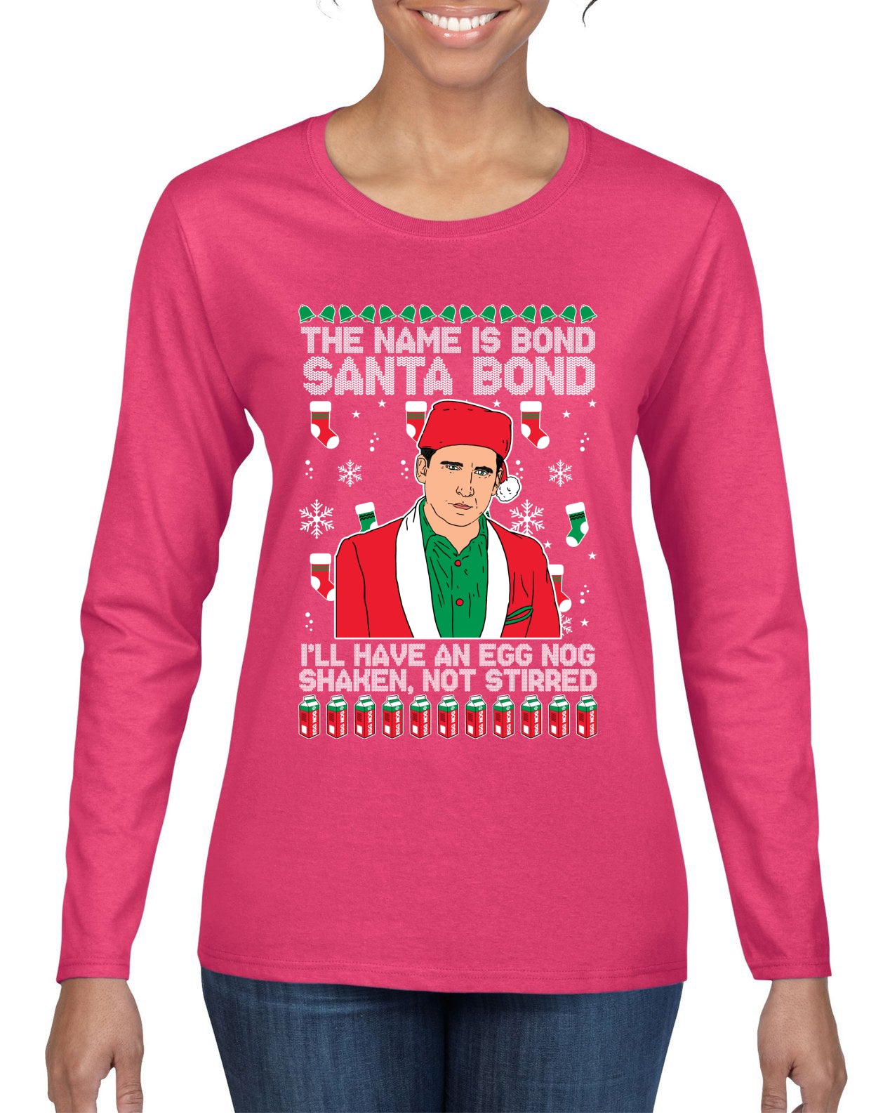 Michael Scott The Name is Bond Santa Bond Ugly Christmas Sweater Womens Graphic Long Sleeve T-Shirt