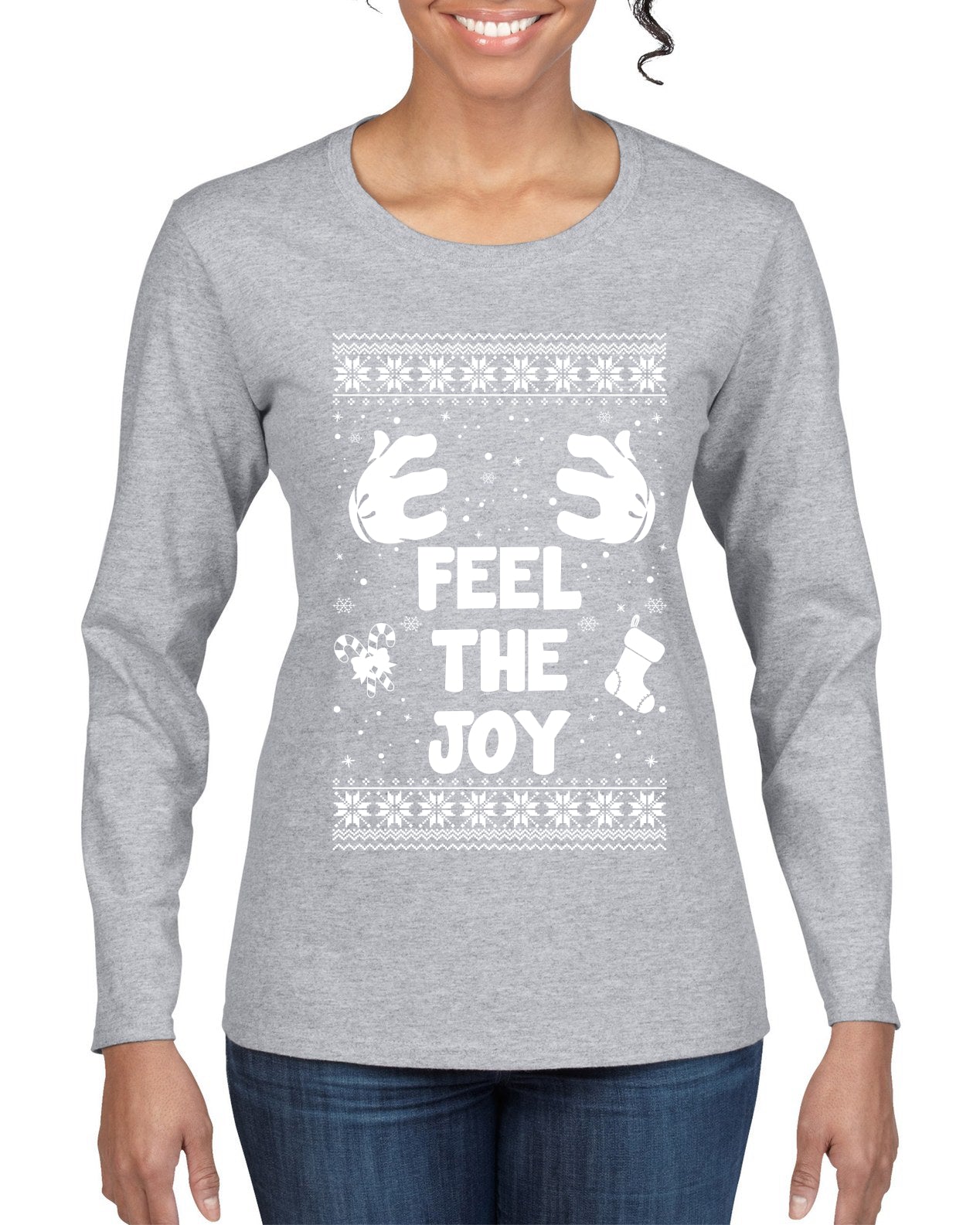 Feel The Joy Individual Couples Ugly Christmas Sweater Womens Graphic Long Sleeve T-Shirt