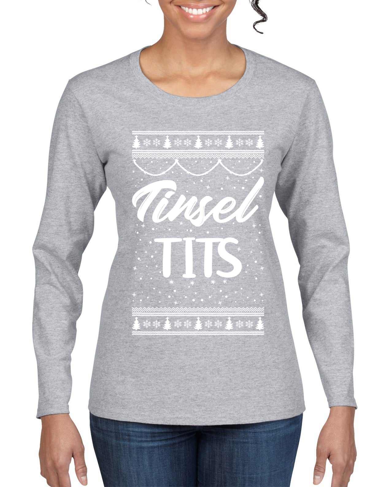 Tinsel Tits Individual Couples Ugly Christmas Sweater Womens Graphic Long Sleeve T-Shirt