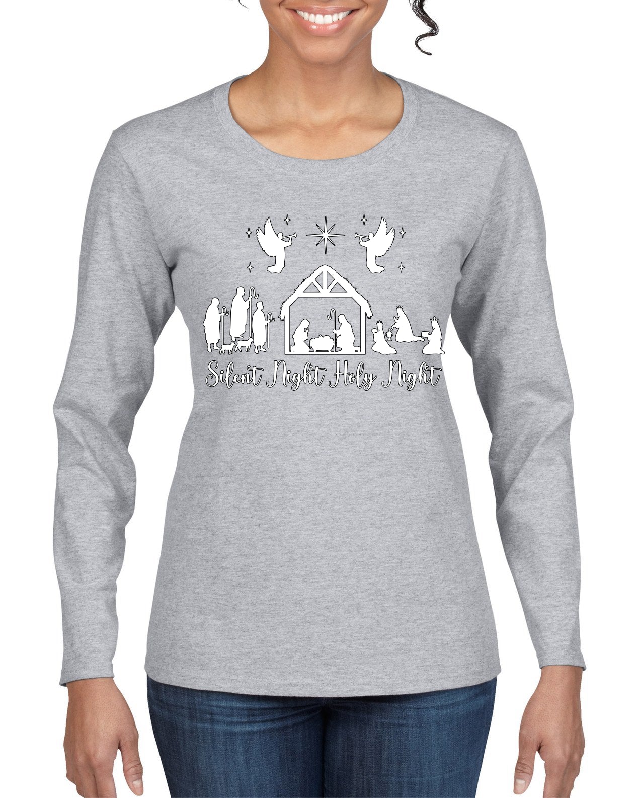 Silent Night Holy Night Religious Jesus Christmas Womens Graphic Long Sleeve T-Shirt