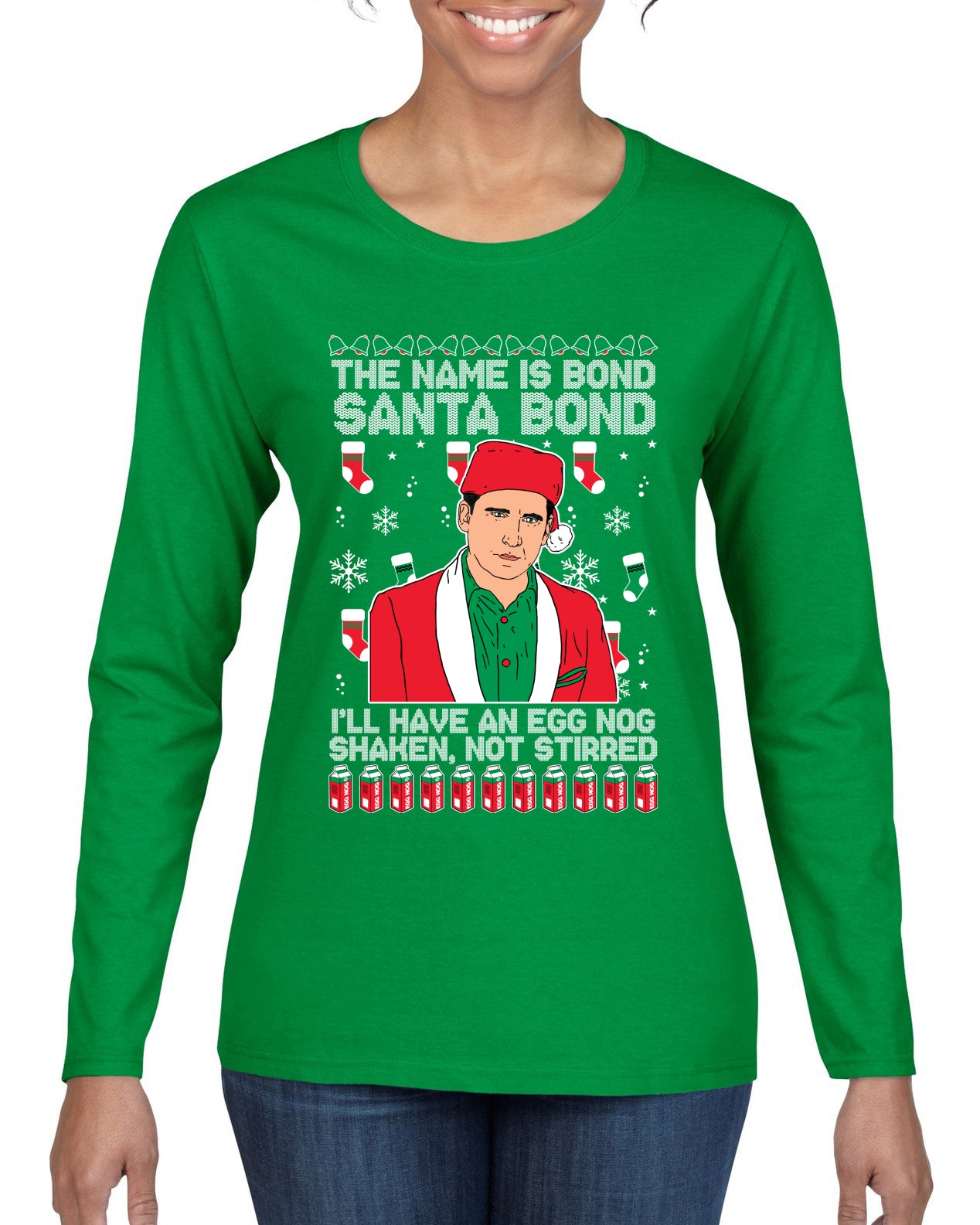 Michael Scott The Name is Bond Santa Bond Ugly Christmas Sweater Womens Graphic Long Sleeve T-Shirt