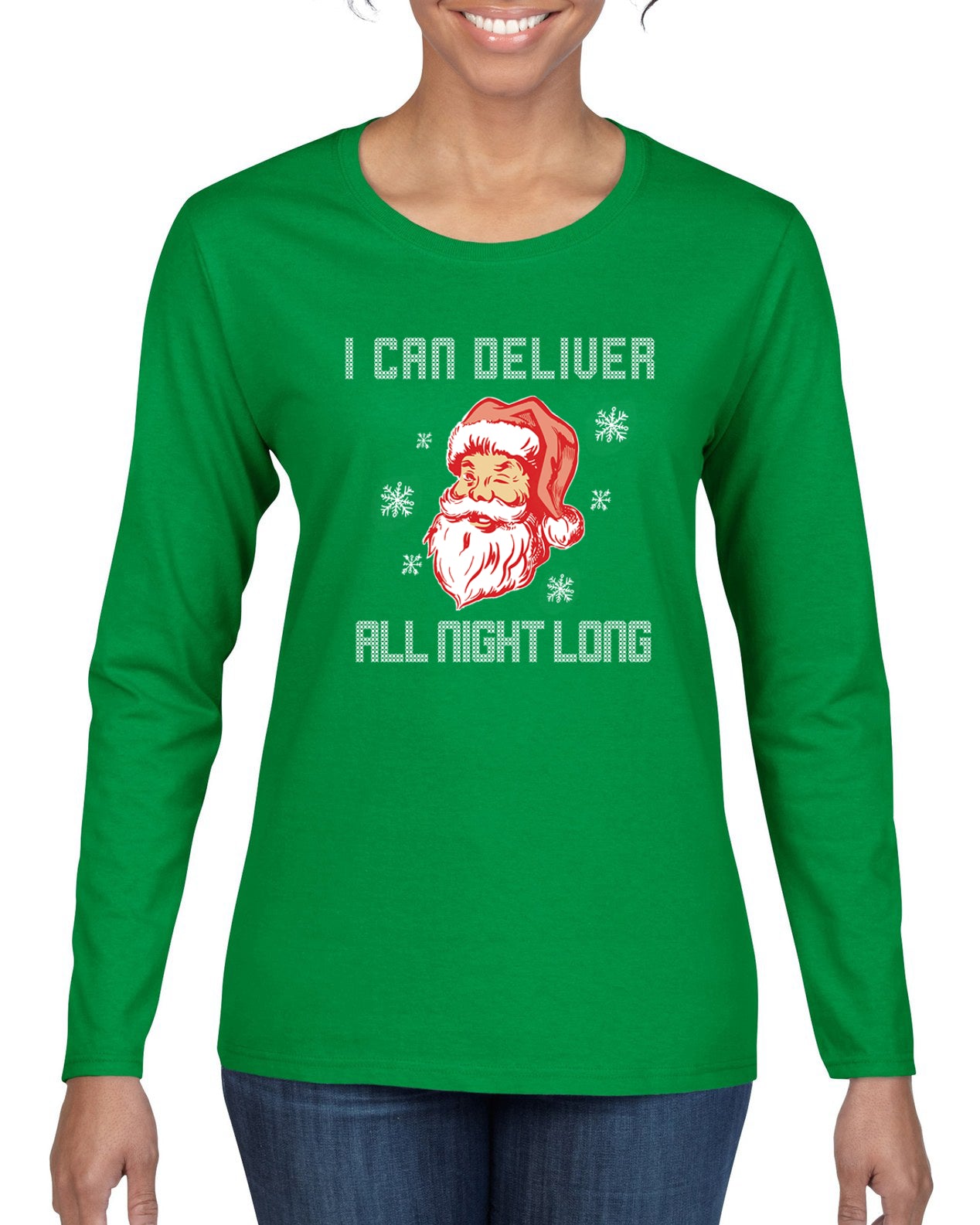 I Can Deliver All Night Long Santa Winking Christmas Womens Graphic Long Sleeve T-Shirt