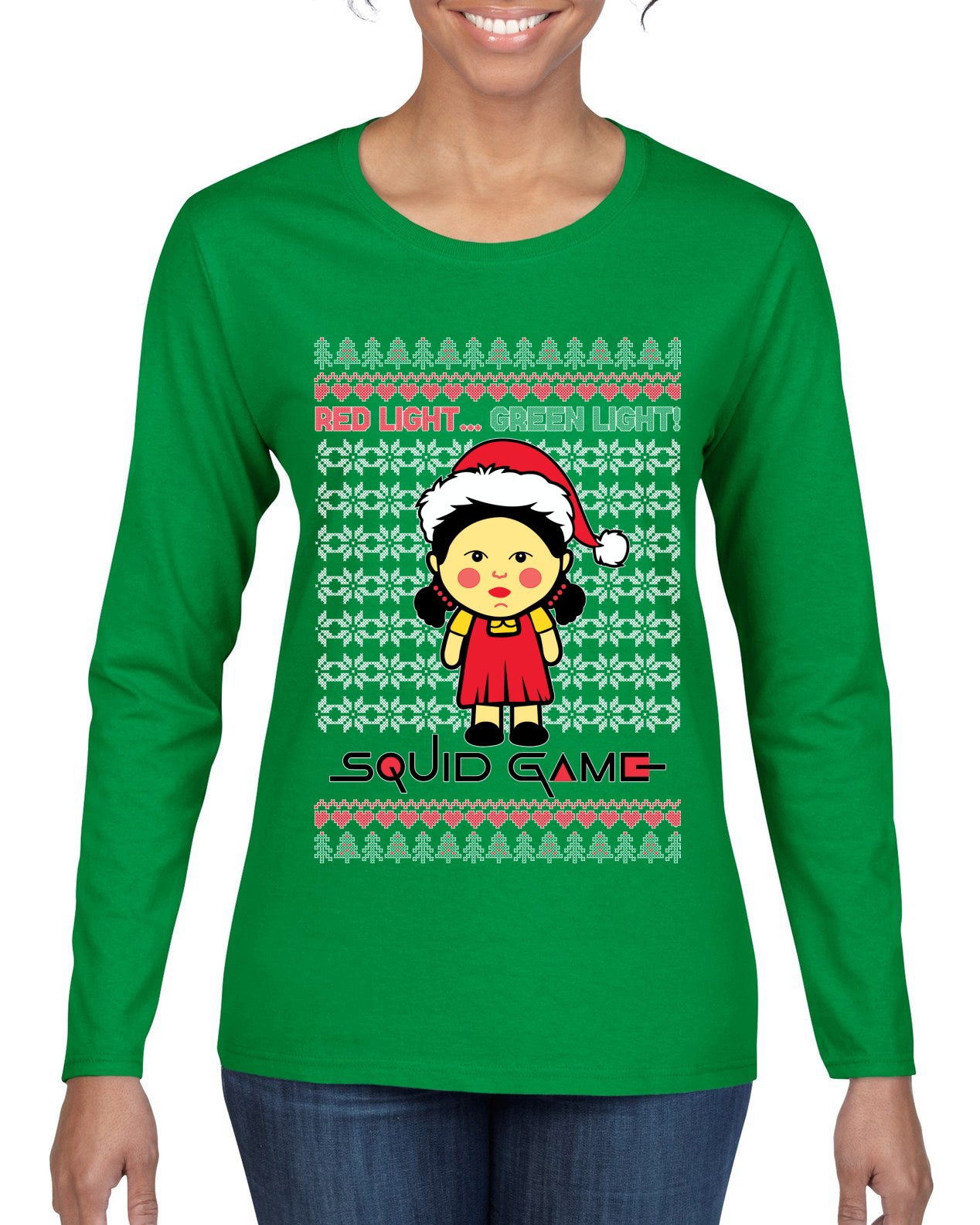 Red Light Green Light Ugly Christmas Sweater Womens Graphic Long Sleeve T-Shirt