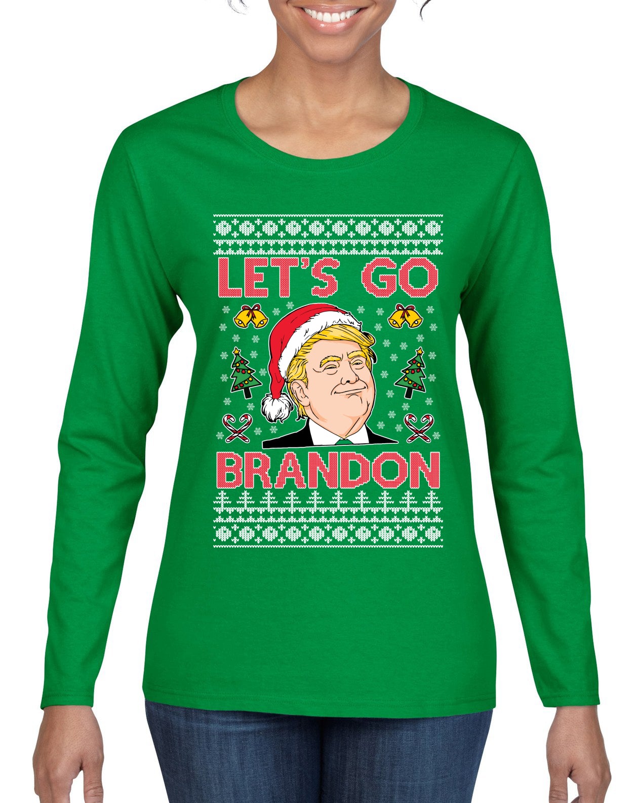 Trump Let’s Go Brandon Ugly Christmas Sweater Womens Graphic Long Sleeve T-Shirt