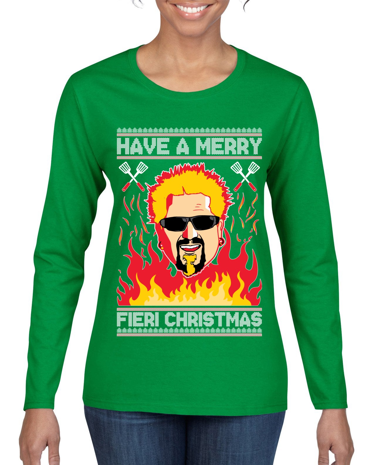 Have A Merry Fieri Christmas Ugly Christmas Sweater Womens Graphic Long Sleeve T-Shirt