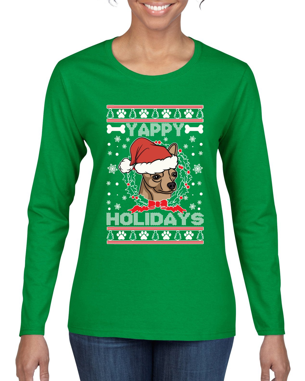 Yappy Holidays Christmas Womens Graphic Long Sleeve T-Shirt