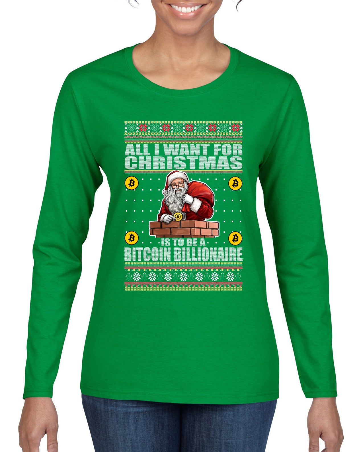 Bitcoin Billionaire For Christmas Christmas Womens Graphic Long Sleeve T-Shirt