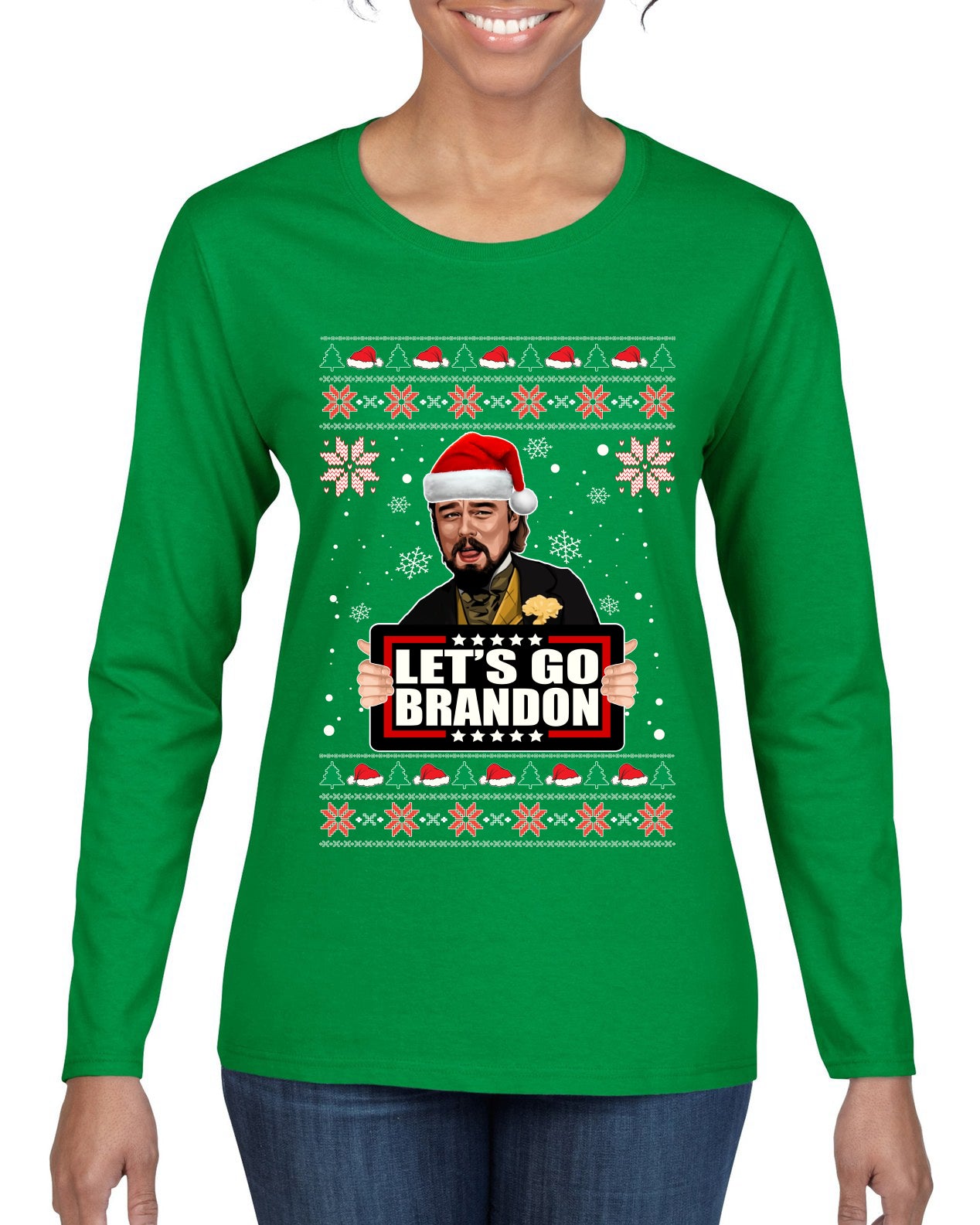 Let's Go Brandon Leo Laughing Meme Ugly Christmas Sweater Womens Graphic Long Sleeve T-Shirt