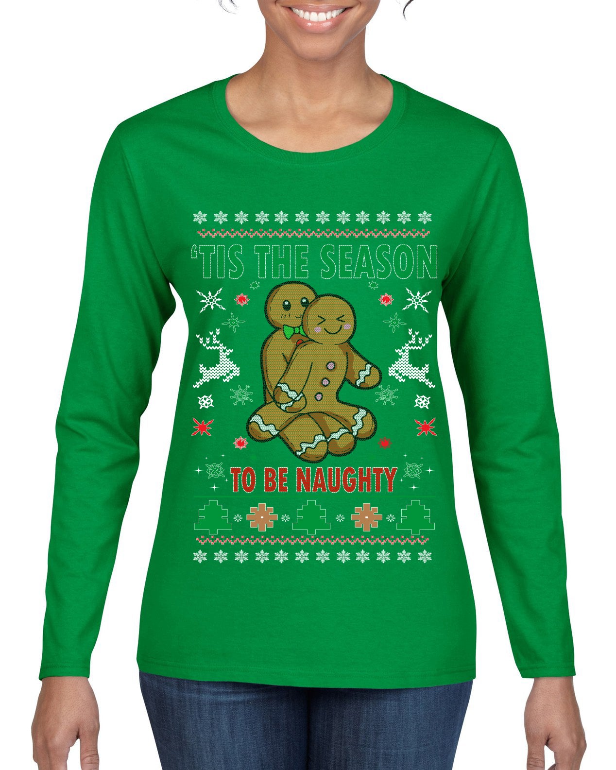 Tis' The Season To Be Naughty Ugly Christmas Sweater Womens Graphic Long Sleeve T-Shirt