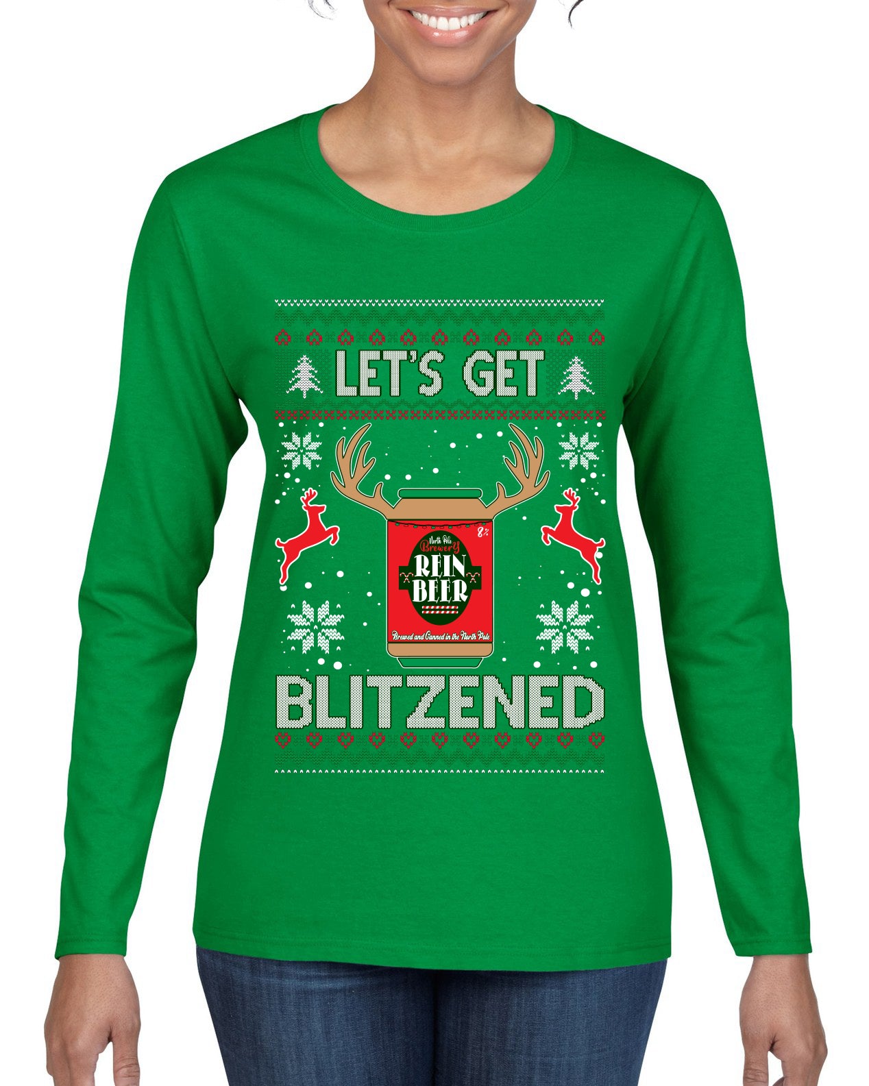 Let's Get Blitzened Rein Beer Ugly Christmas Sweater Womens Graphic Long Sleeve T-Shirt