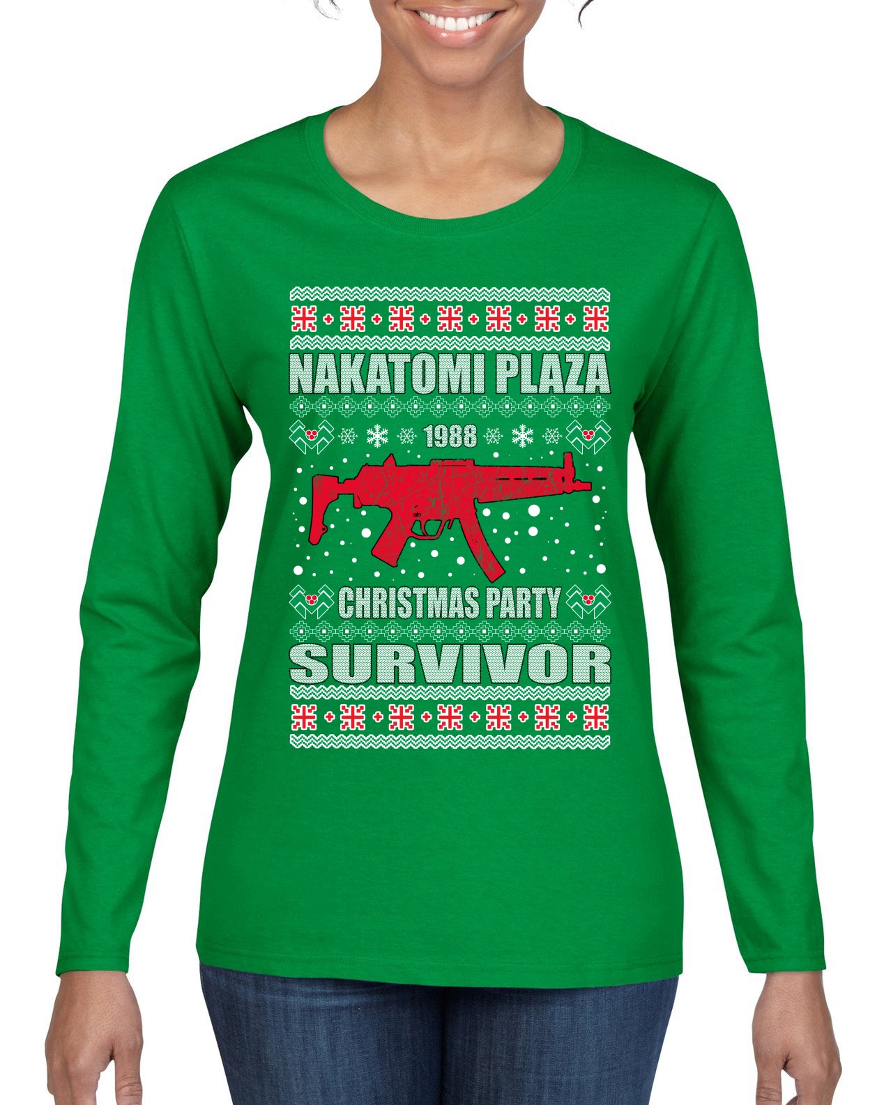 Nakatomi Plaza Christmas Party Survivor Ugly Christmas Sweater Womens Graphic Long Sleeve T-Shirt