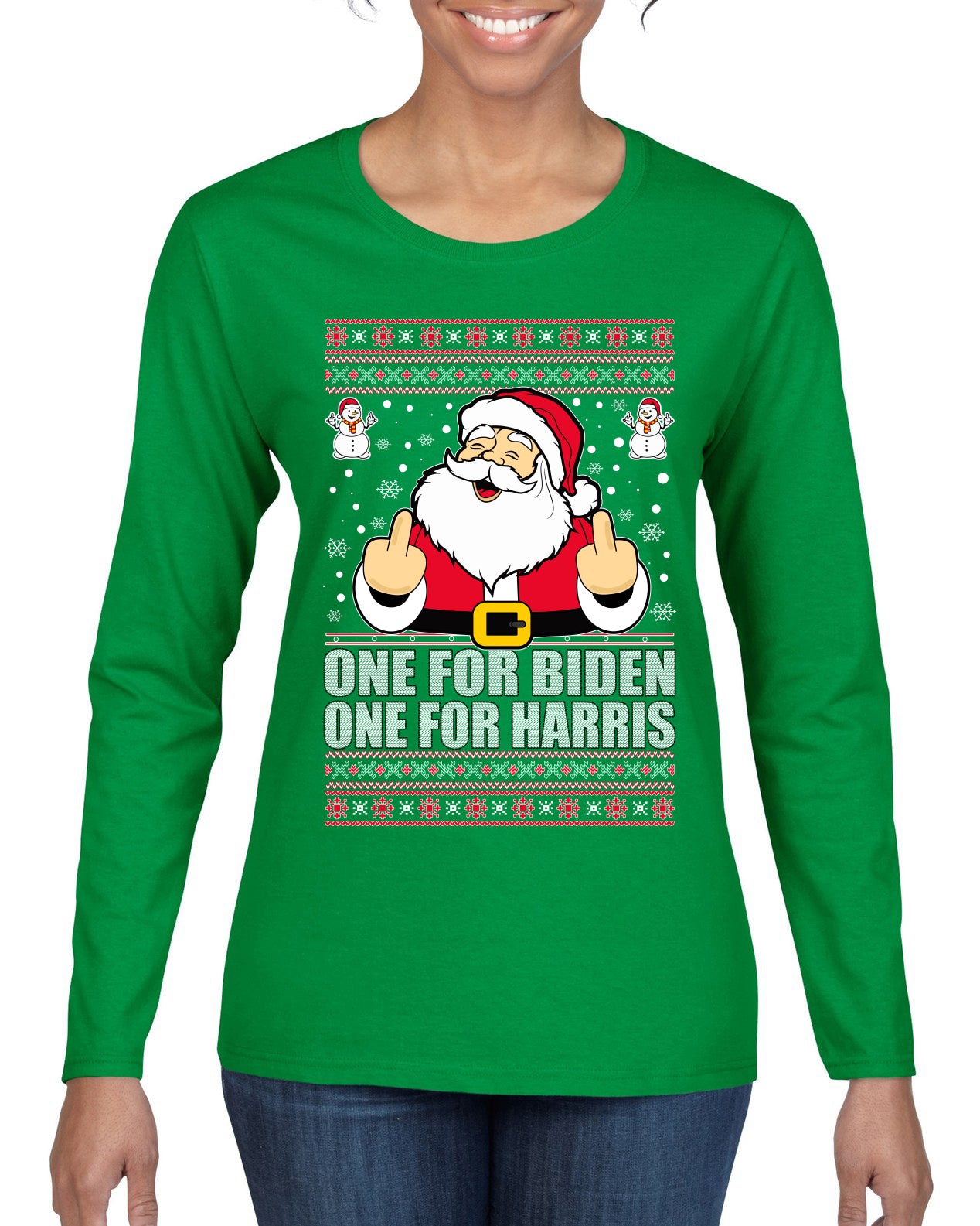 One For Biden One For Harris Santa Ugly Christmas Sweater Womens Graphic Long Sleeve T-Shirt
