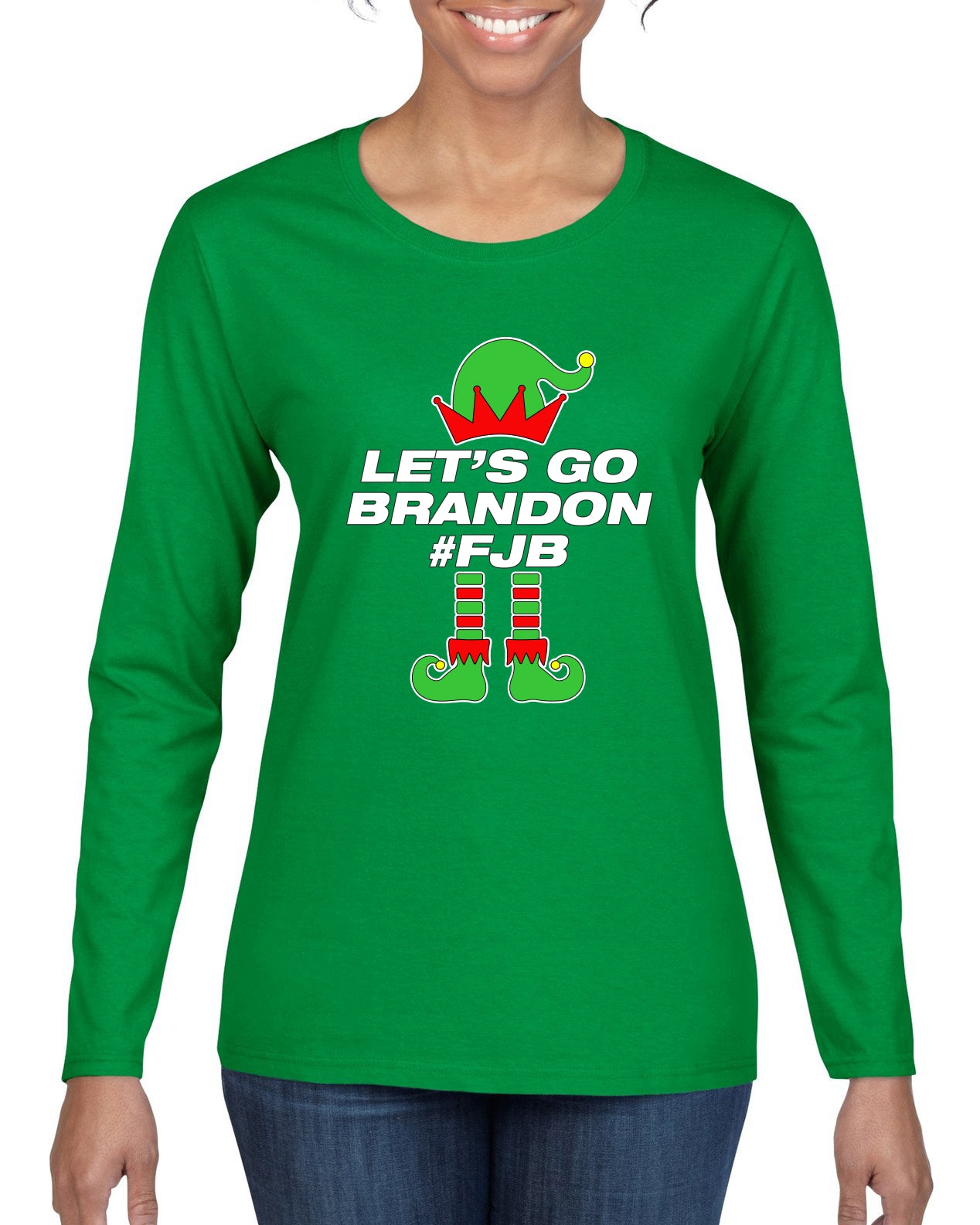 Let's Go Brandon Elf Christmas Womens Graphic Long Sleeve T-Shirt