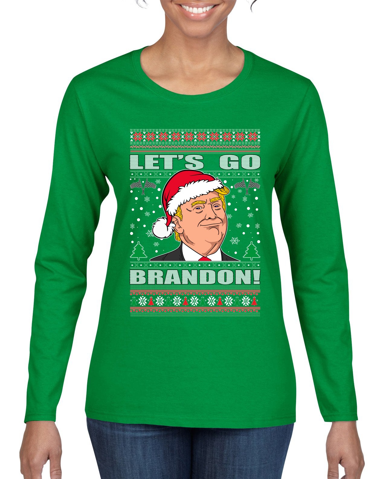 Let's Go Brandon Funny Santa Hat Ugly Christmas Sweater Womens Graphic Long Sleeve T-Shirt