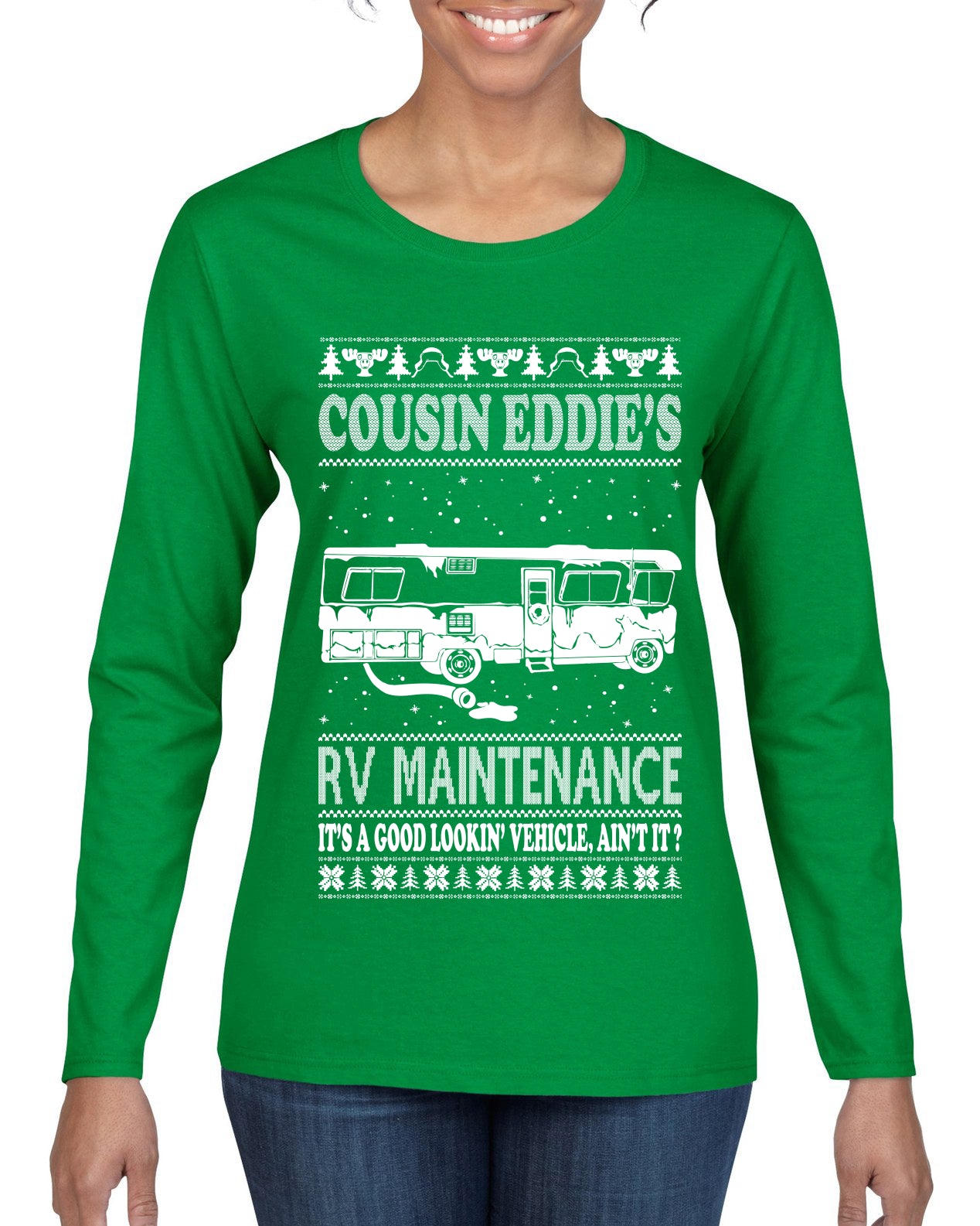 Family Vacation Cousin Eddie's RV Maintenance Ugly Christmas Sweater Womens Graphic Long Sleeve T-Shirt