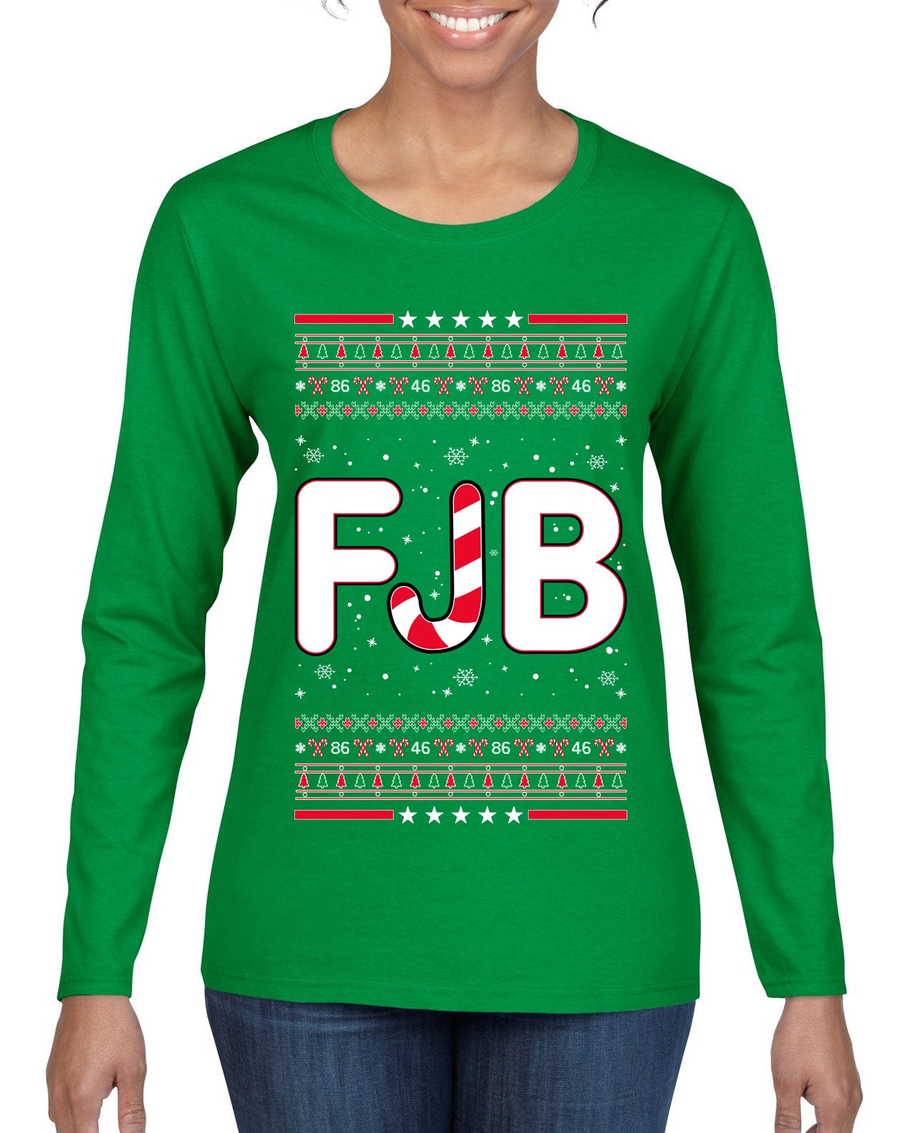 FJB Let's Go Brandon Chant Candy Cane Ugly Christmas Sweater Womens Graphic Long Sleeve T-Shirt