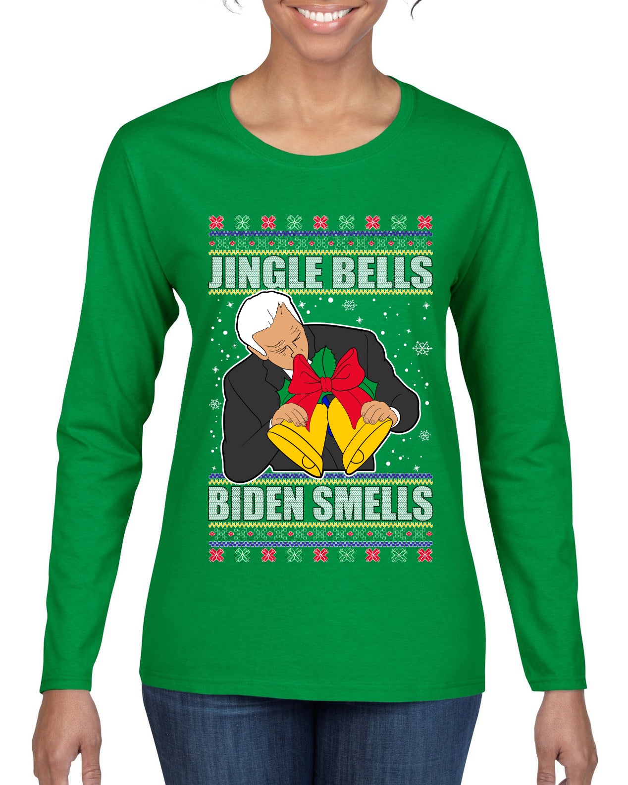 Jingle Bells Biden Smells Ugly Christmas Sweater Womens Graphic Long Sleeve T-Shirt