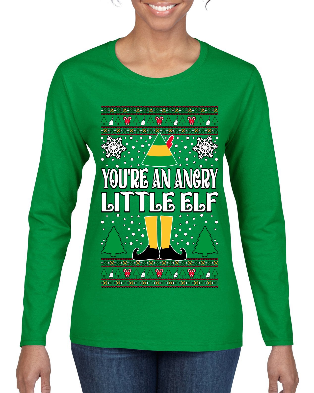 You're An Angry Little Elf Christmas Movie Quote Ugly Christmas Sweater Womens Graphic Long Sleeve T-Shirt