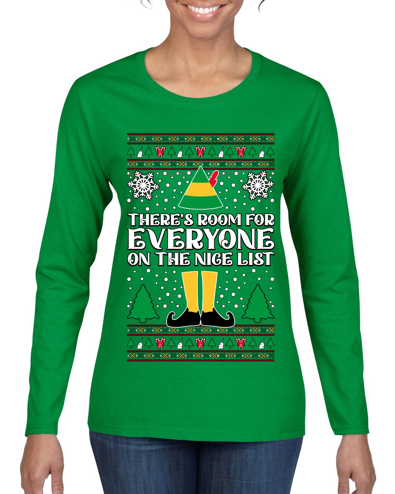 Room For Everyone On The Nice List Christmas Movie Quote Ugly Christmas Sweater Womens Graphic Long Sleeve T-Shirt