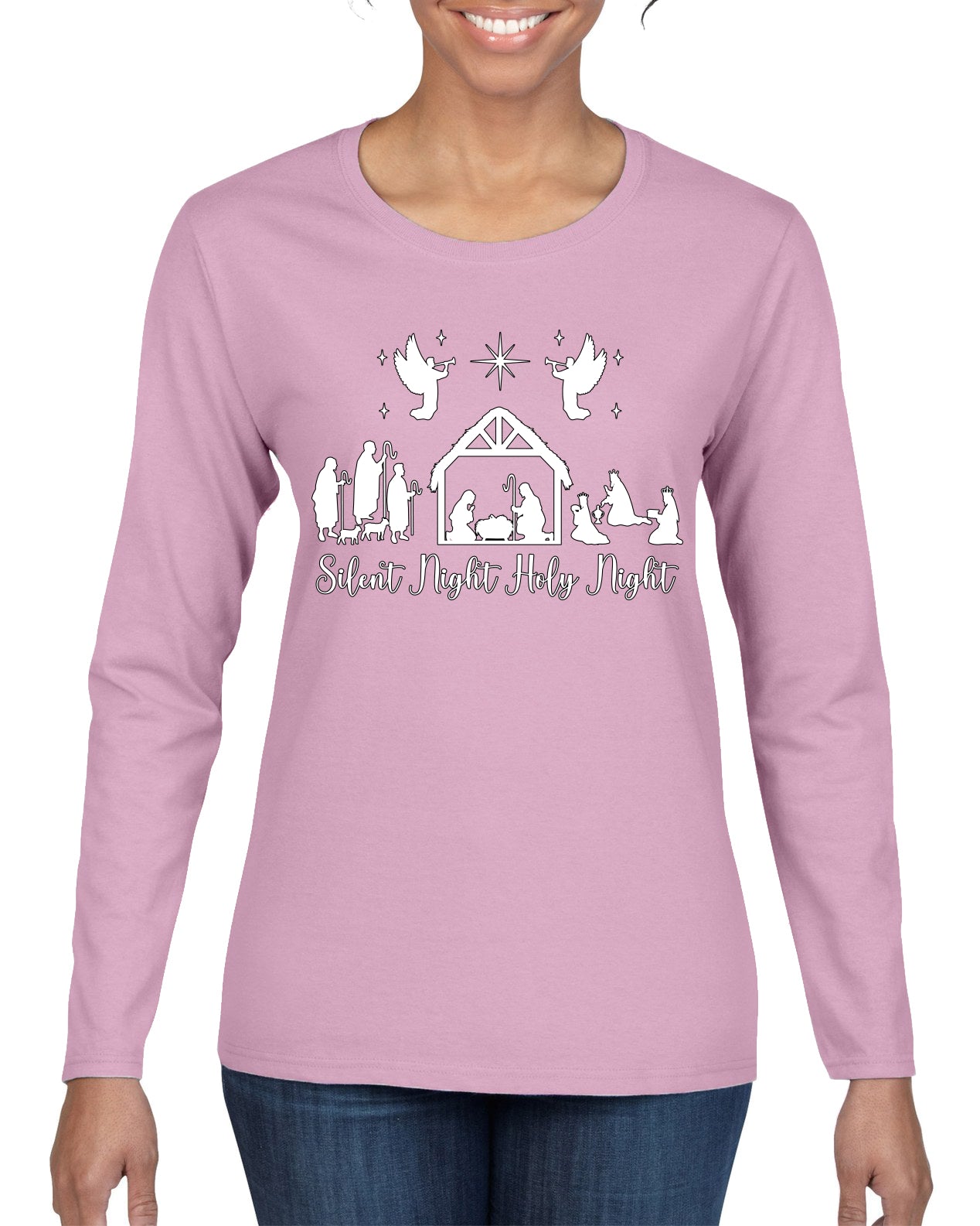 Silent Night Holy Night Religious Jesus Christmas Womens Graphic Long Sleeve T-Shirt