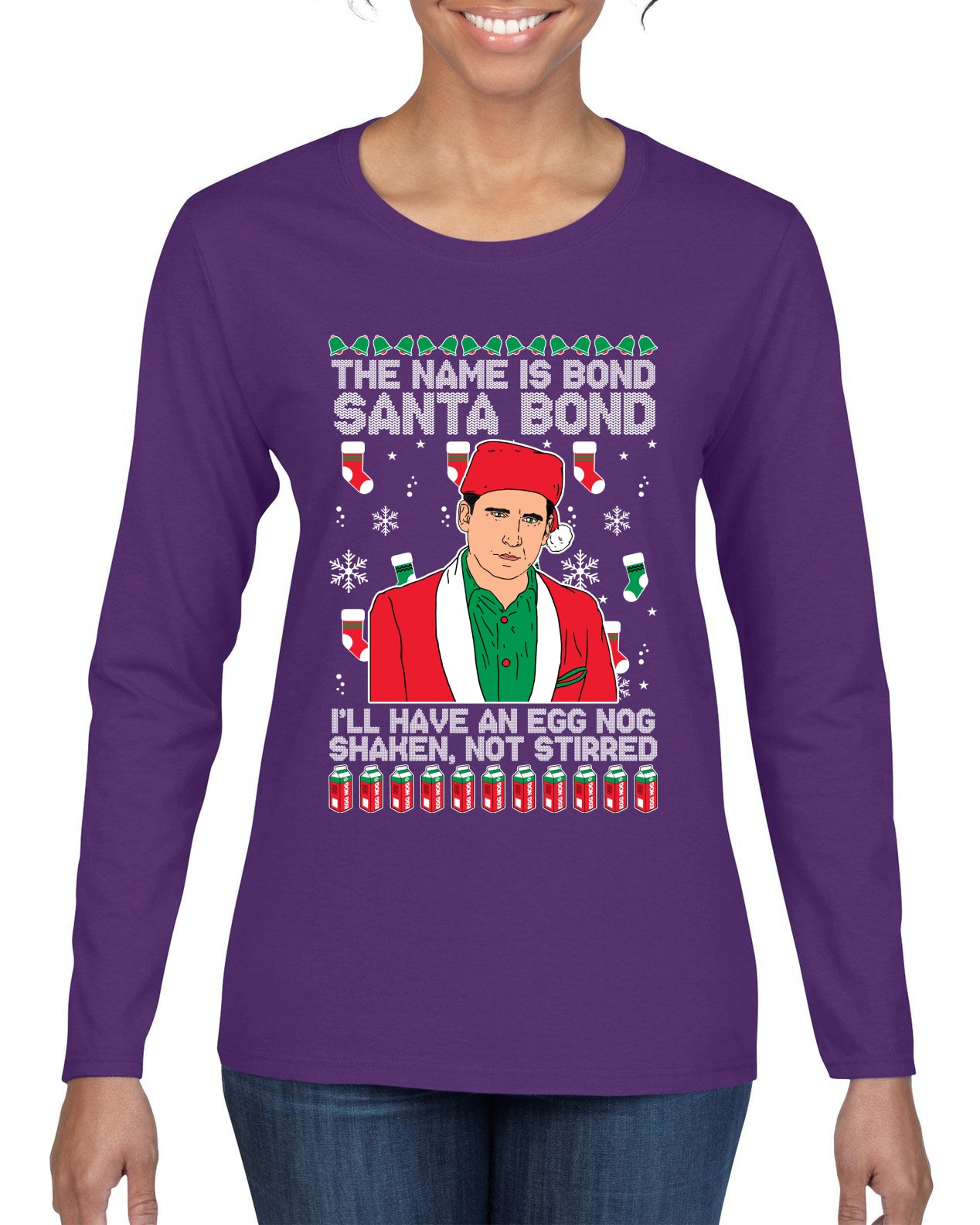 Michael Scott The Name is Bond Santa Bond Ugly Christmas Sweater Womens Graphic Long Sleeve T-Shirt