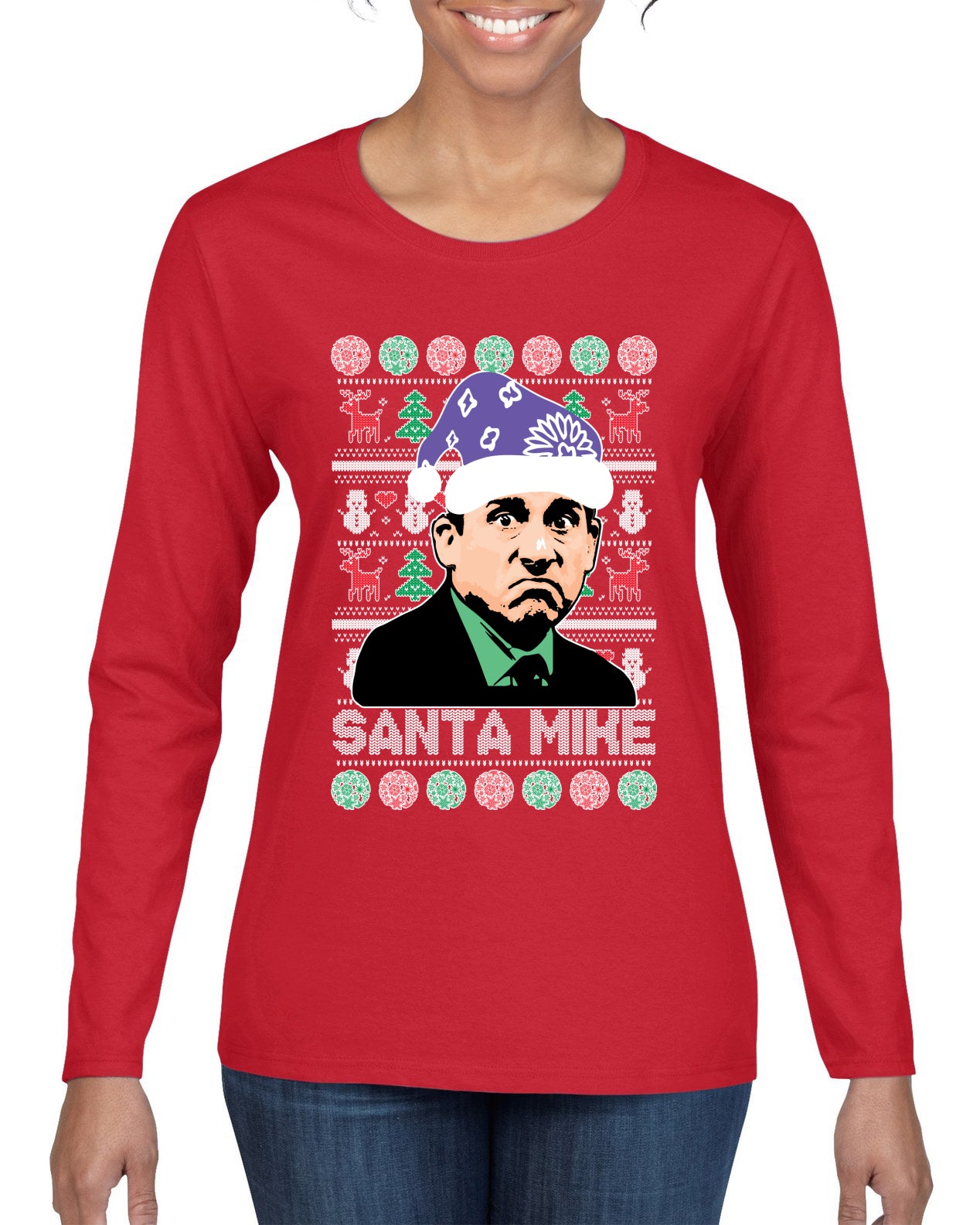 Santa Mike Michael Scott The Office Ugly Christmas Sweater Womens Graphic Long Sleeve T-Shirt