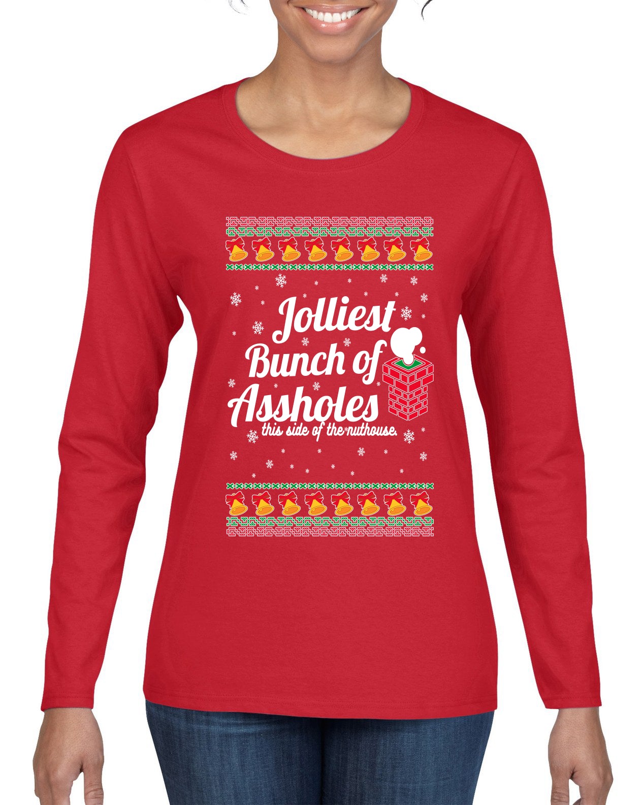 Jolliest Bunch of Assholes Xmas Movie Ugly Christmas Sweater Womens Graphic Long Sleeve T-Shirt