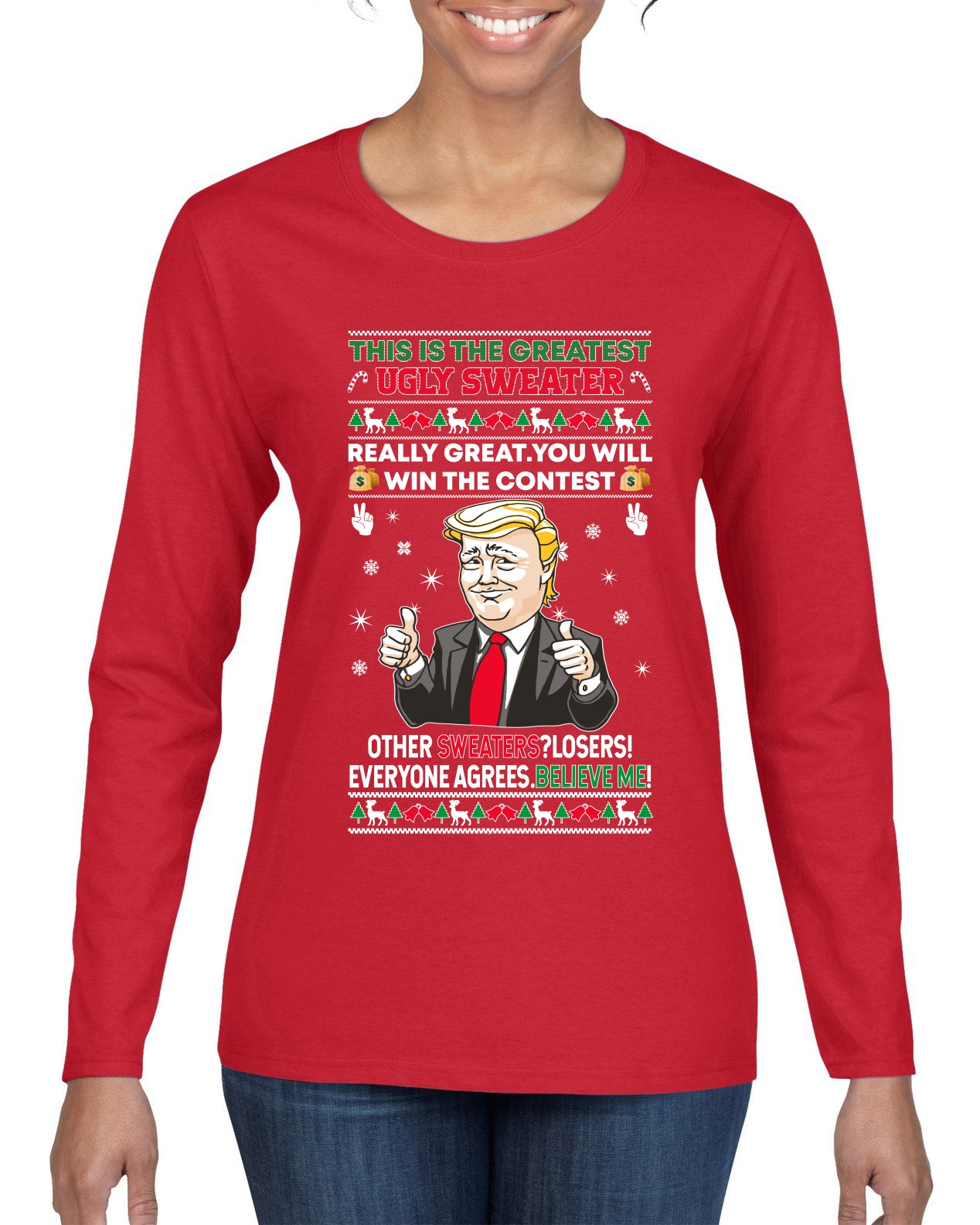 Trump This is the Greatest Ugly Christmas Sweater Womens Graphic Long Sleeve T-Shirt