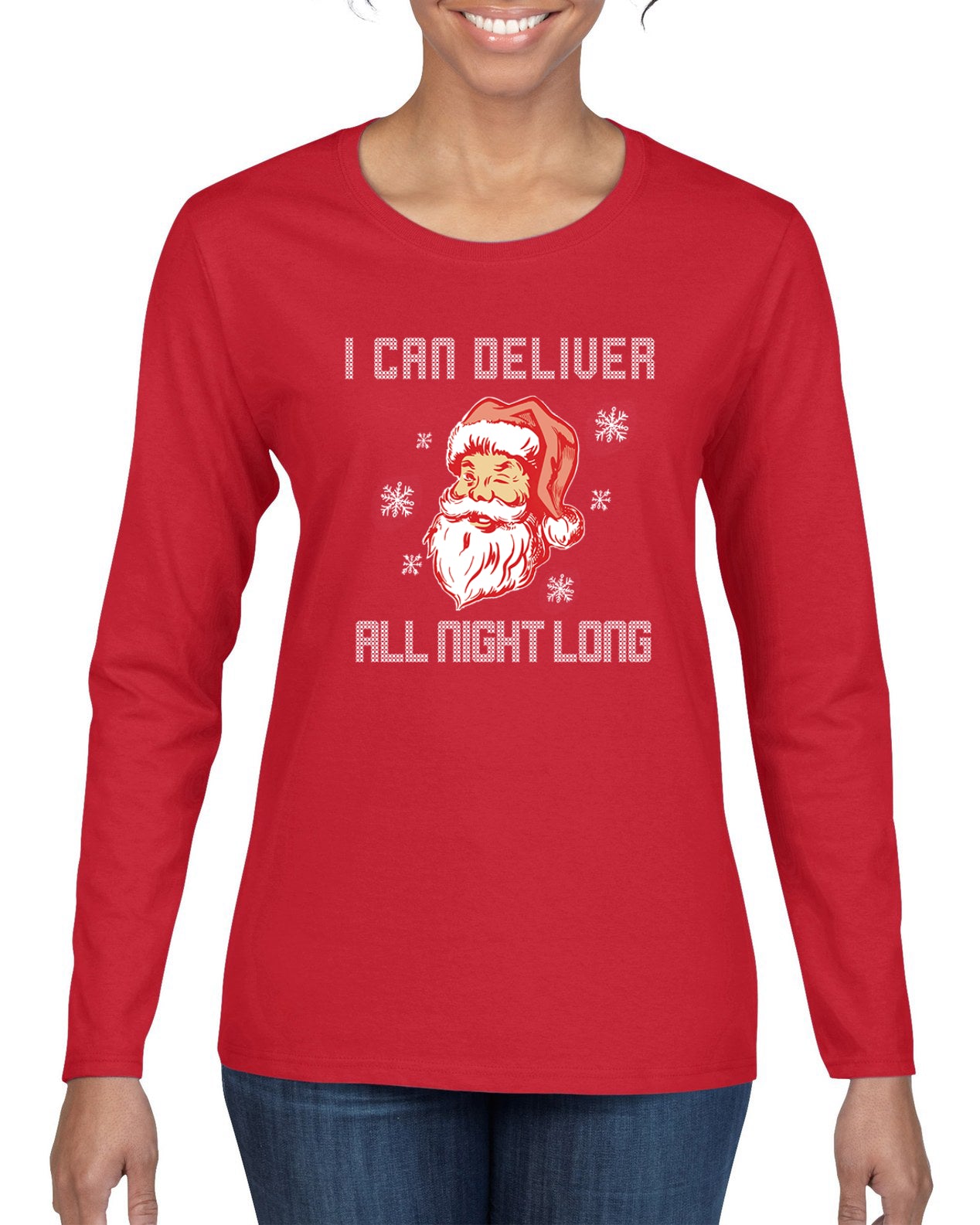I Can Deliver All Night Long Santa Winking Christmas Womens Graphic Long Sleeve T-Shirt
