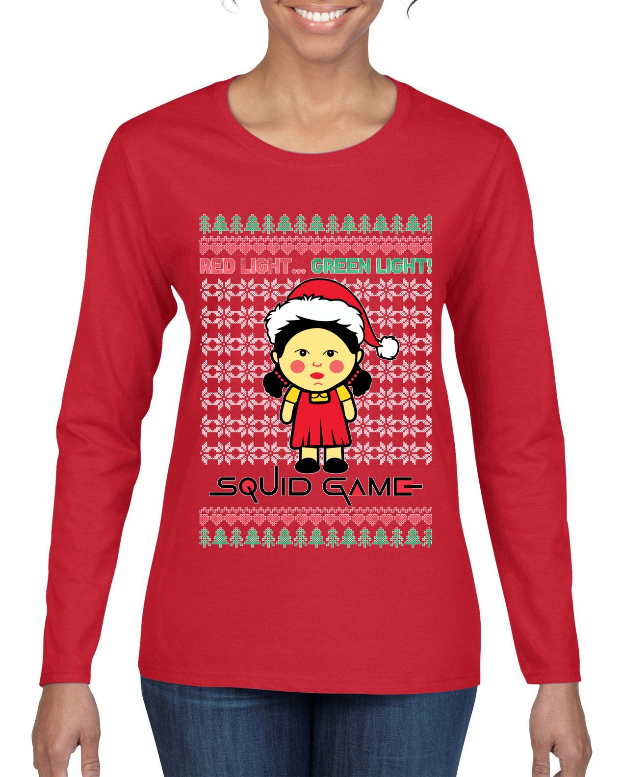 Red Light Green Light Ugly Christmas Sweater Womens Graphic Long Sleeve T-Shirt