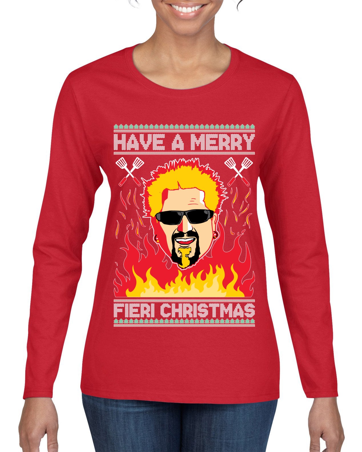 Have A Merry Fieri Christmas Ugly Christmas Sweater Womens Graphic Long Sleeve T-Shirt