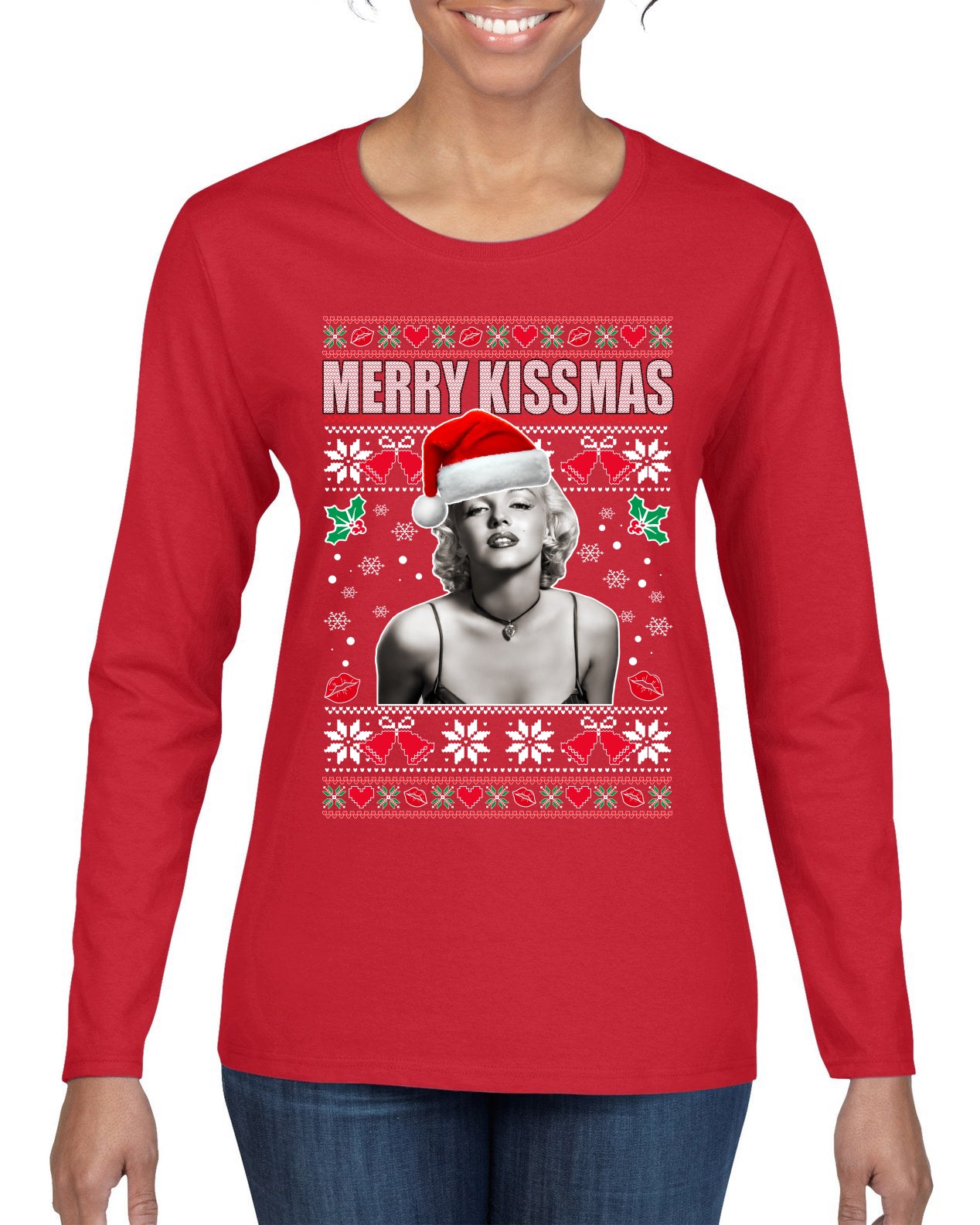Merry Kissmas Christmas Womens Graphic Long Sleeve T-Shirt