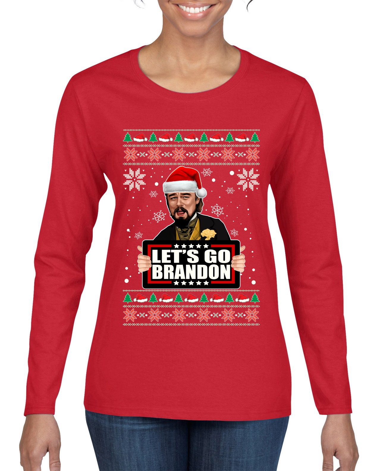 Let's Go Brandon Leo Laughing Meme Ugly Christmas Sweater Womens Graphic Long Sleeve T-Shirt