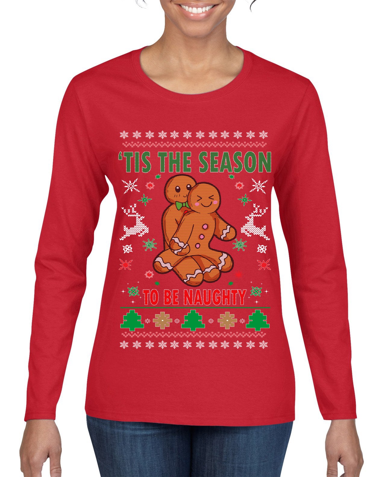 Tis' The Season To Be Naughty Ugly Christmas Sweater Womens Graphic Long Sleeve T-Shirt