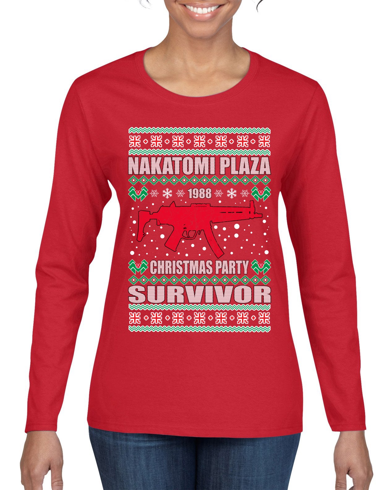 Nakatomi Plaza Christmas Party Survivor Ugly Christmas Sweater Womens Graphic Long Sleeve T-Shirt