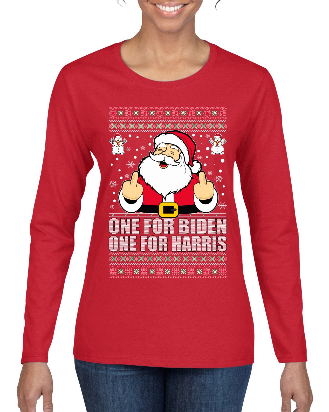 One For Biden One For Harris Santa Ugly Christmas Sweater Womens Graphic Long Sleeve T-Shirt