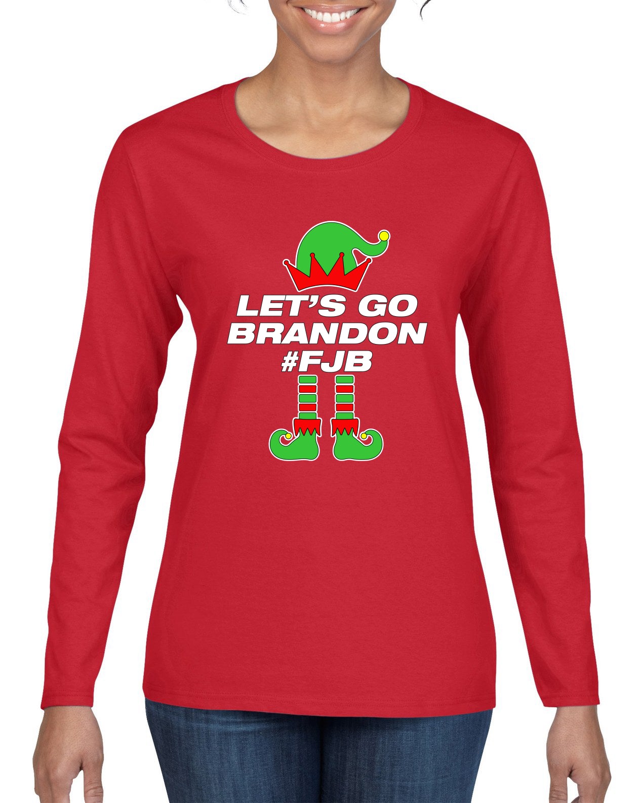 Let's Go Brandon Elf Christmas Womens Graphic Long Sleeve T-Shirt