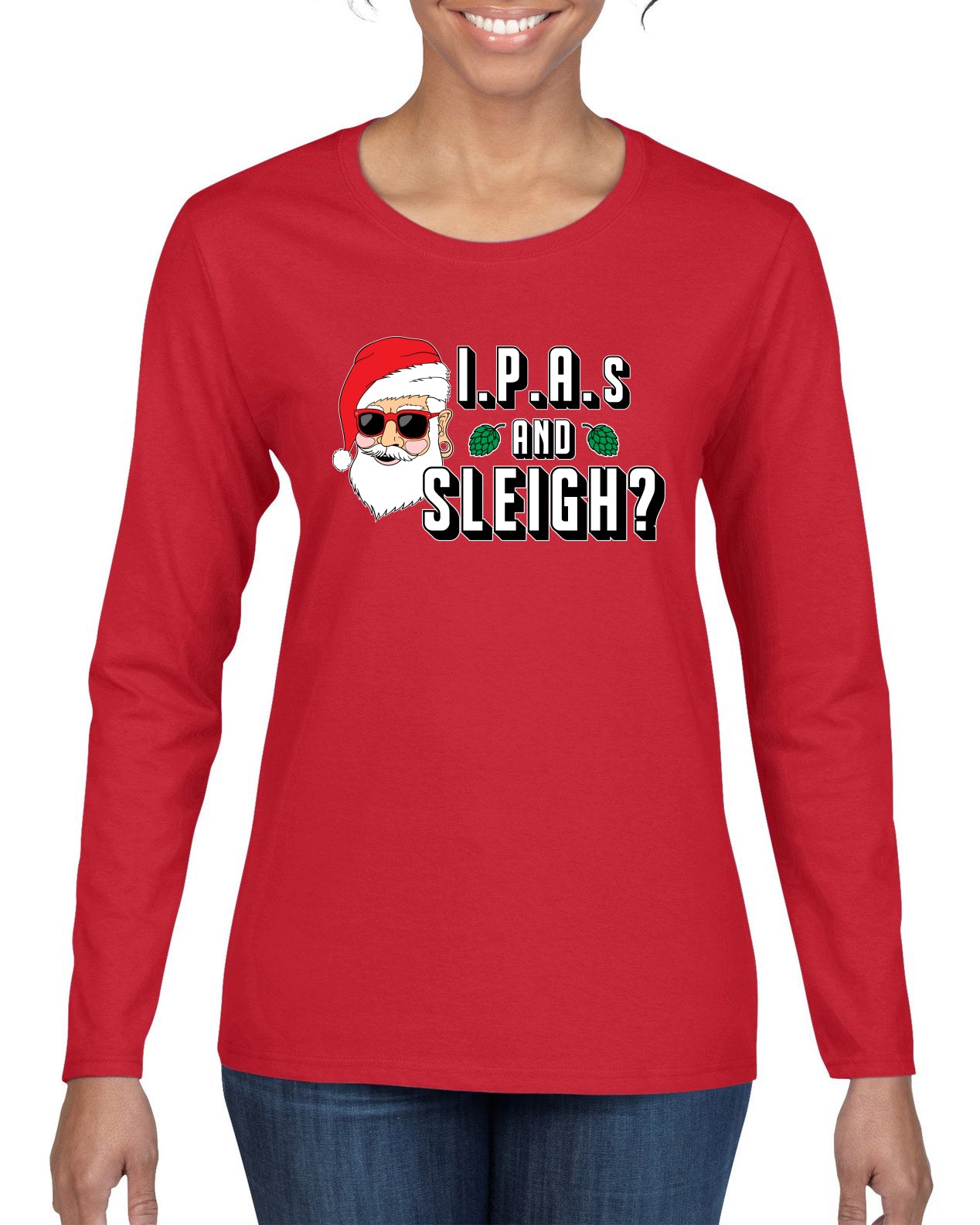 Hipster Santa IPAs and Sleigh? Christmas Womens Graphic Long Sleeve T-Shirt