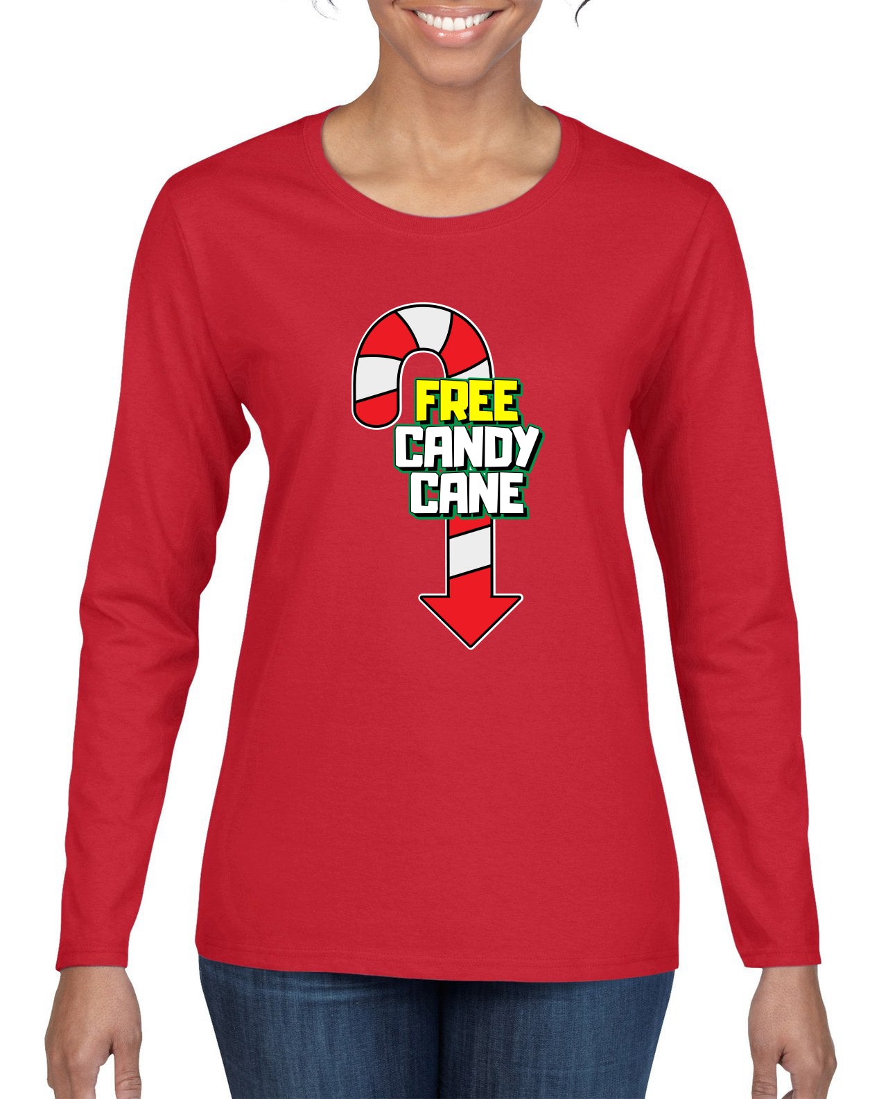 Free Candy Cane Christmas Womens Graphic Long Sleeve T-Shirt