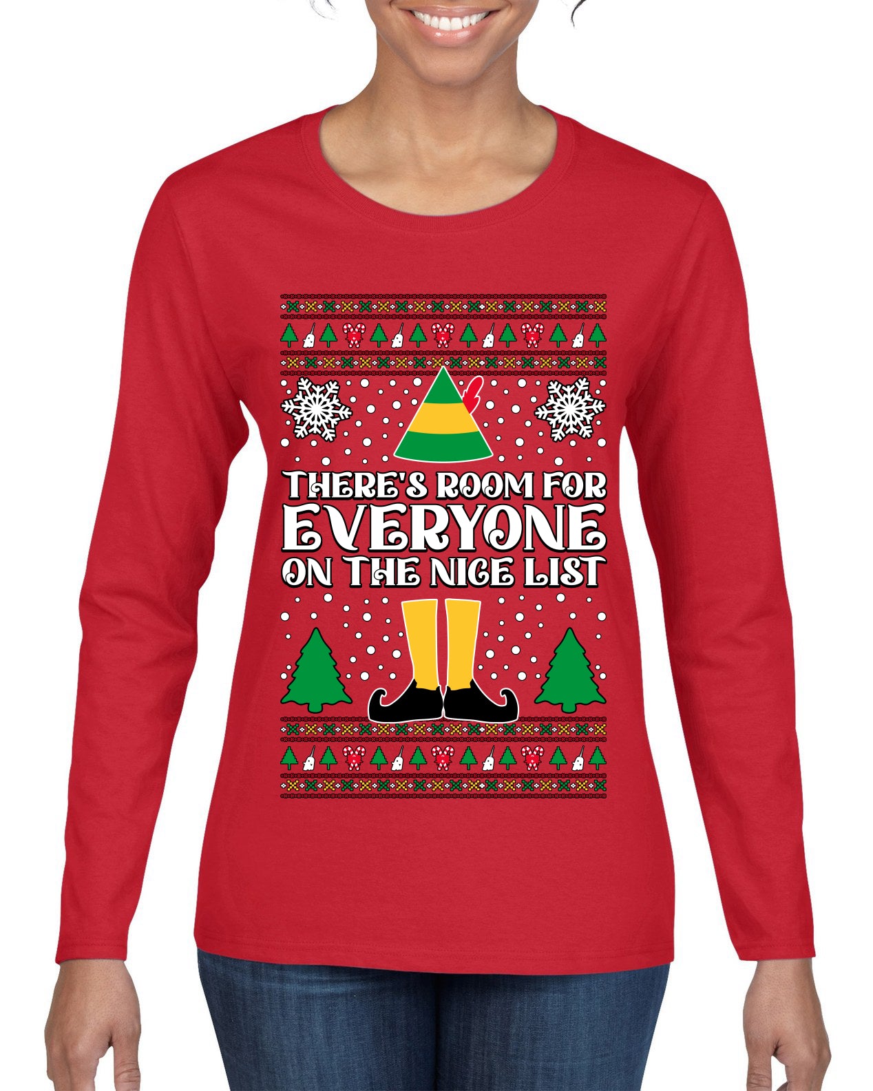 Room For Everyone On The Nice List Christmas Movie Quote Ugly Christmas Sweater Womens Graphic Long Sleeve T-Shirt