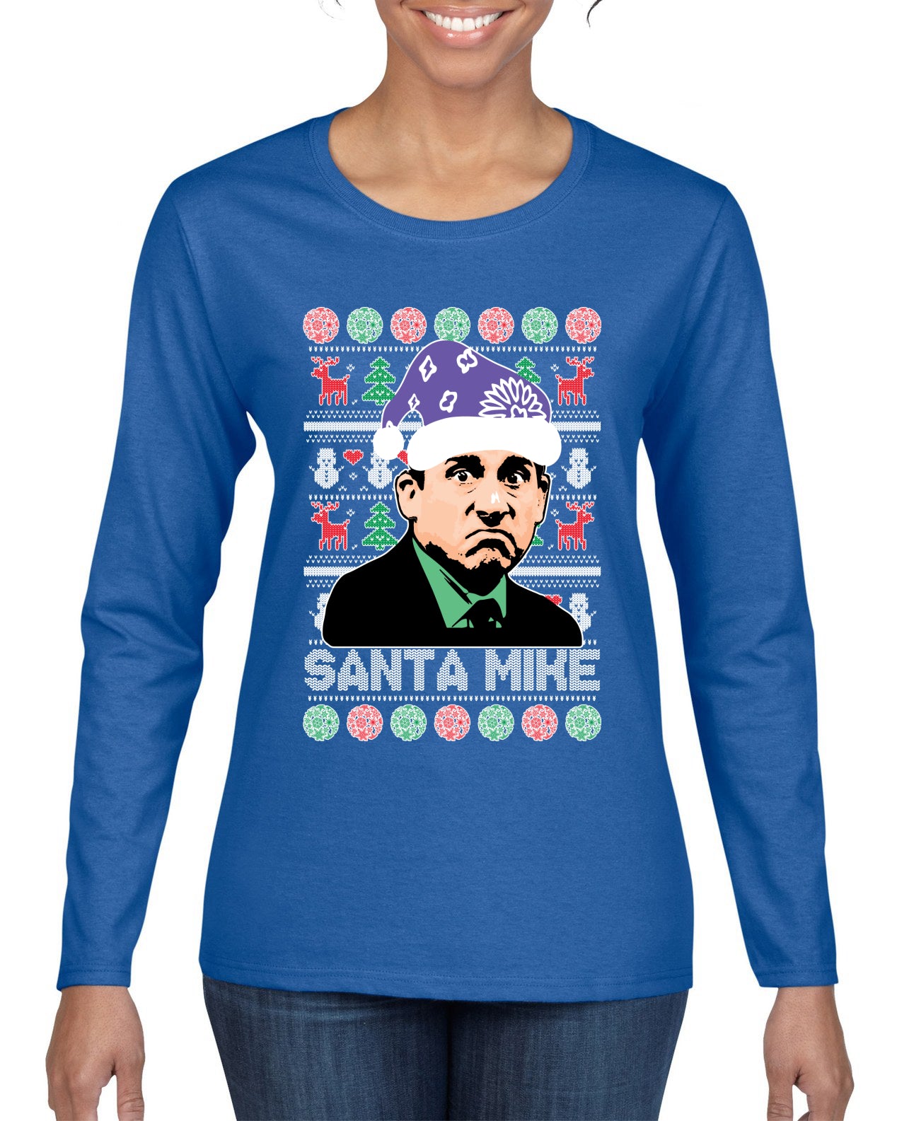 Santa Mike Michael Scott The Office Ugly Christmas Sweater Womens Graphic Long Sleeve T-Shirt