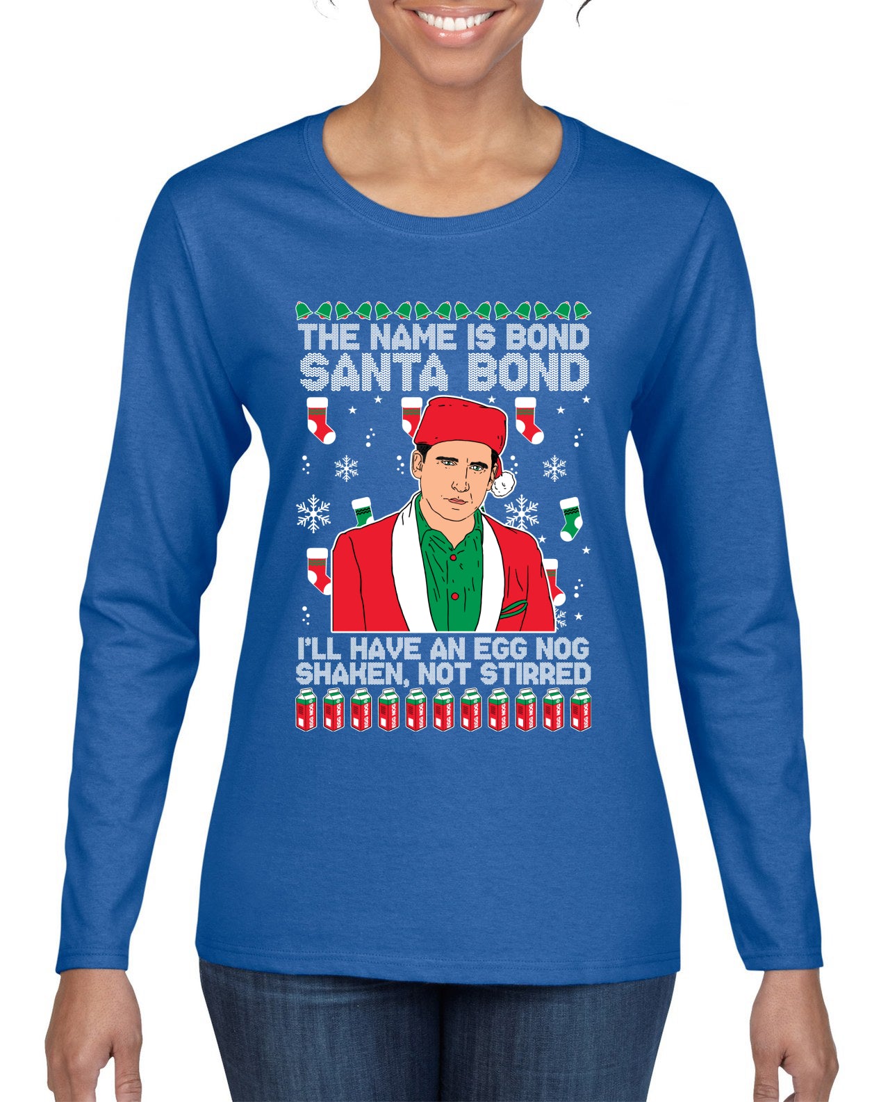 Michael Scott The Name is Bond Santa Bond Ugly Christmas Sweater Womens Graphic Long Sleeve T-Shirt