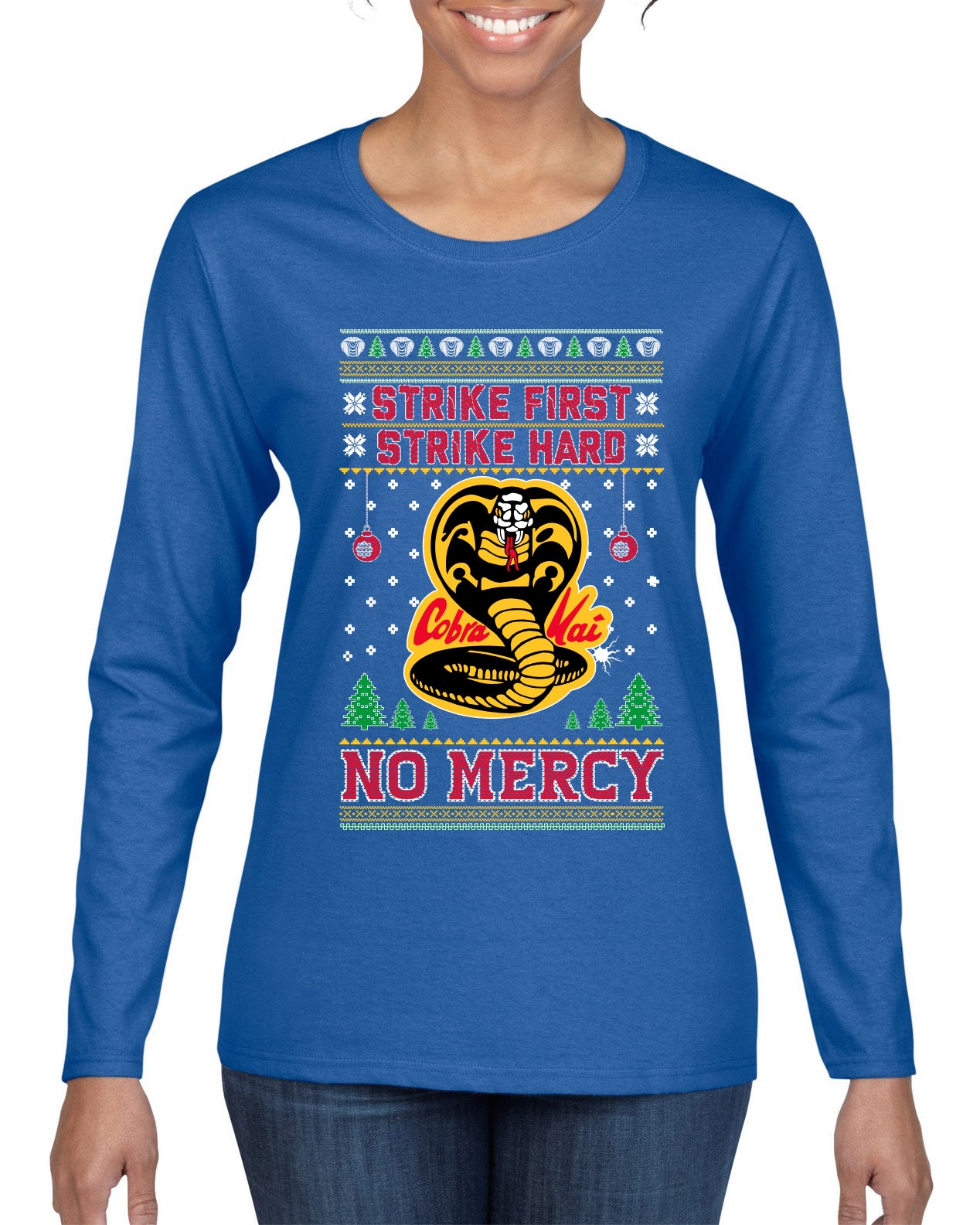 Strike First Strike Hard No Mercy Xmas Ugly Christmas Sweater Womens Graphic Long Sleeve T-Shirt