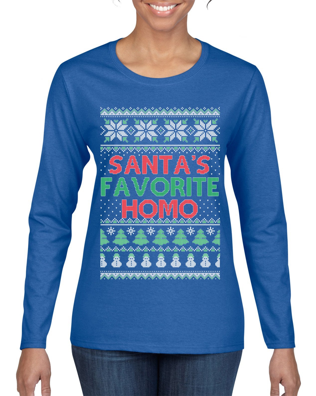 Santa's Favorite Homo Ugly Christmas Sweater Womens Graphic Long Sleeve T-Shirt