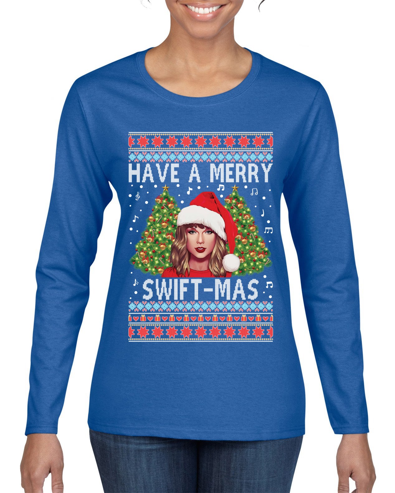 Merry Swiftmas Ugly Christmas Sweater Womens Graphic Long Sleeve T-Shirt